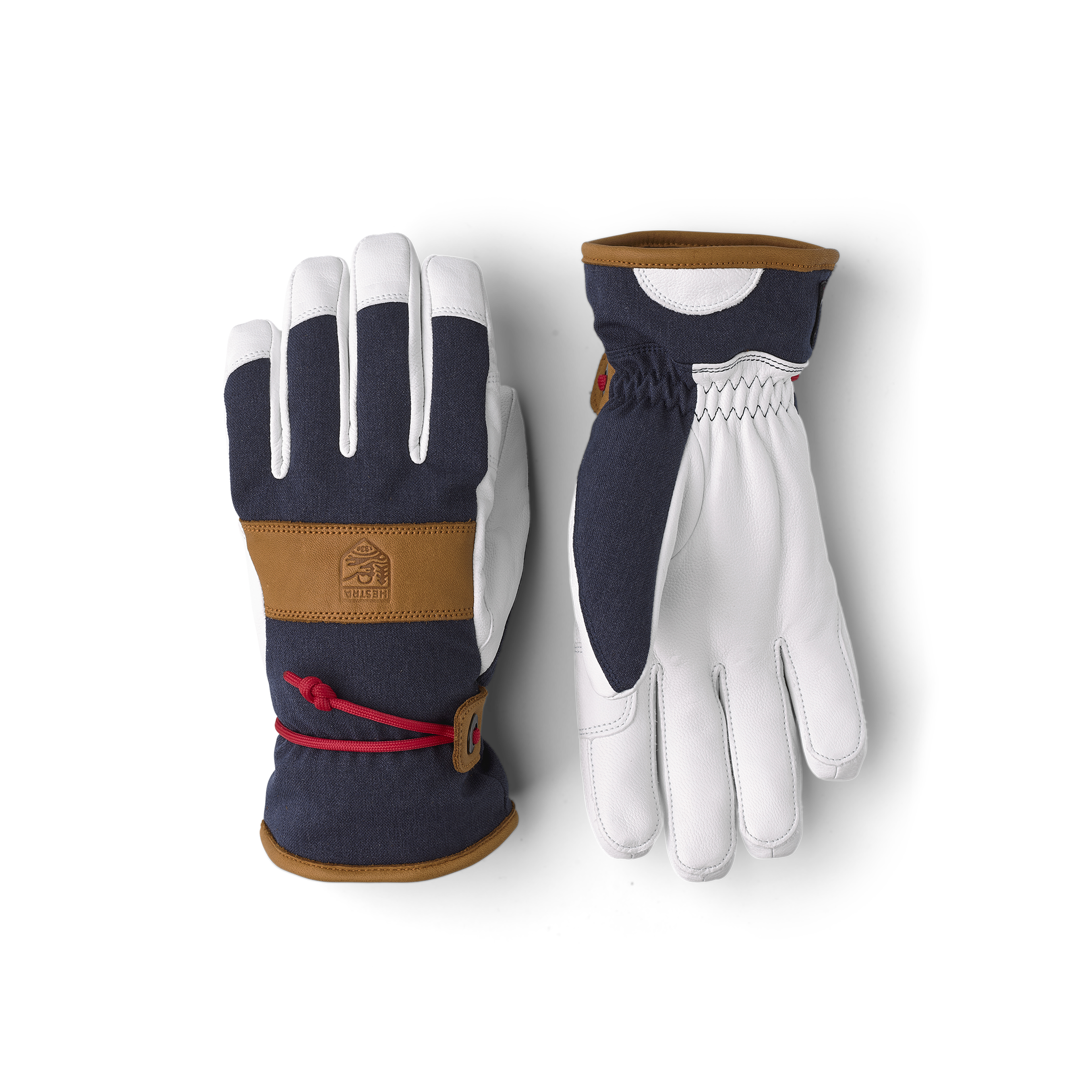 Dark blue ski glove with white goat leather palm and wrist strap