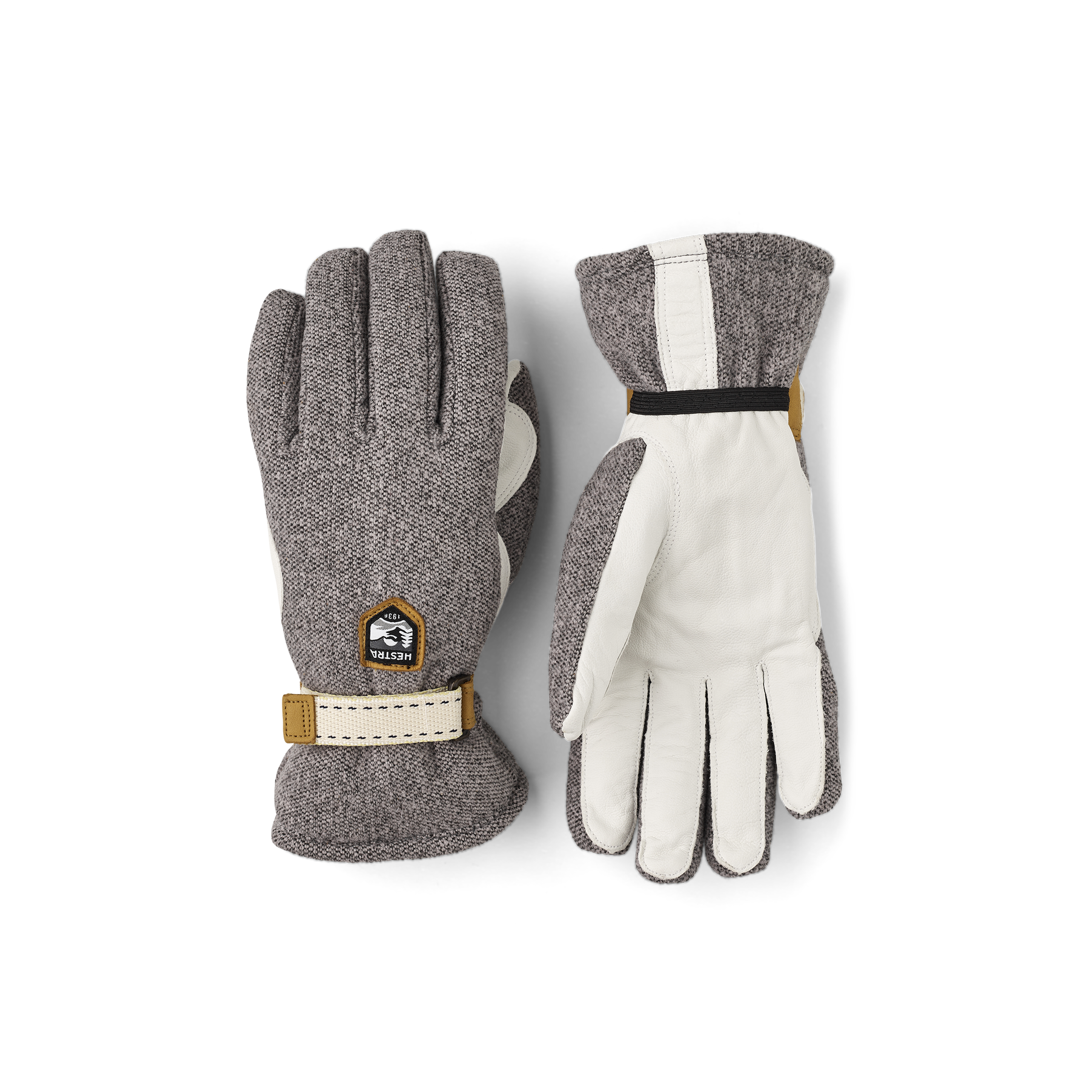 Gray cross-country ski glove with white goat leather palm and wrist adjustment