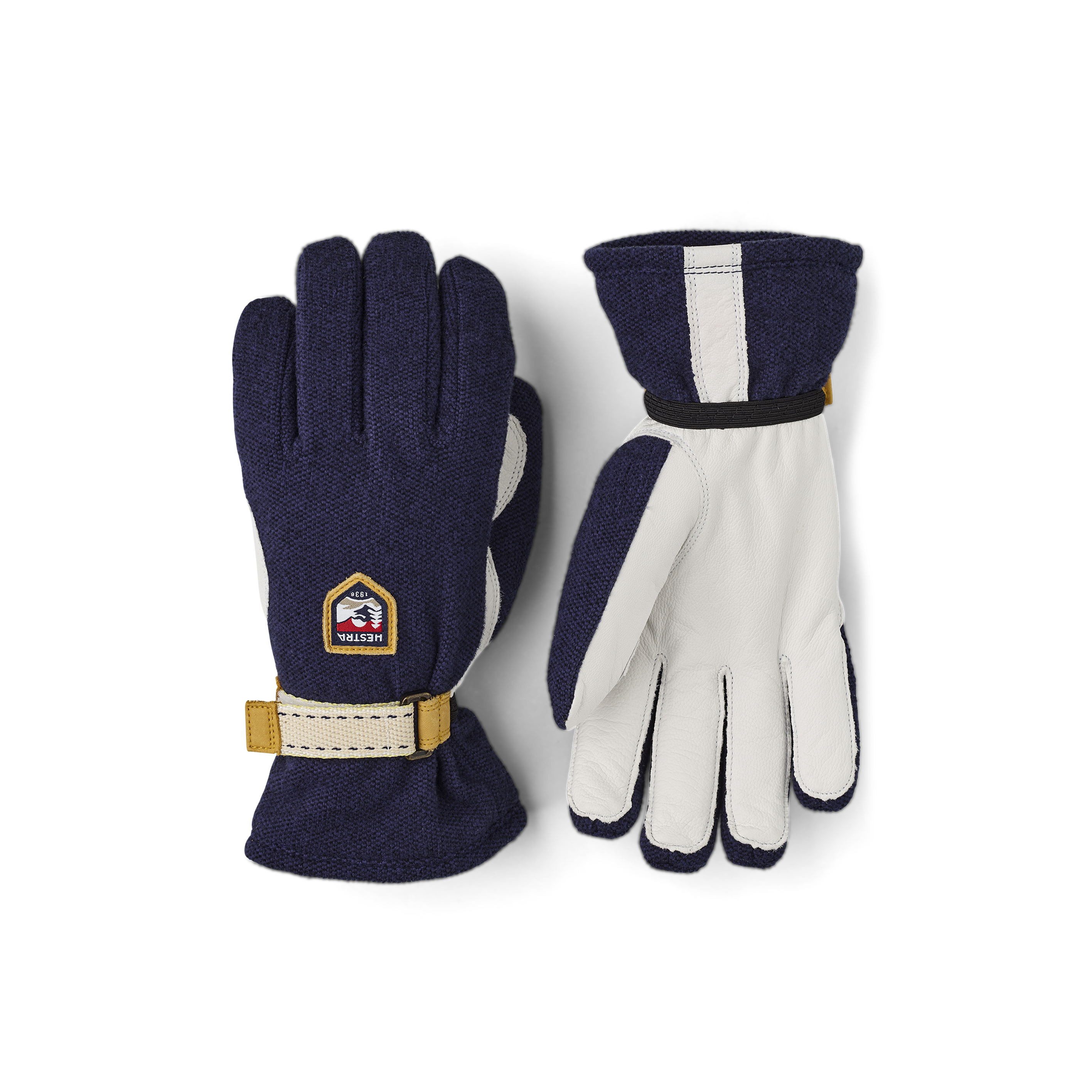 Dark blue cross-country ski glove with white goat leather palm and wrist adjustment