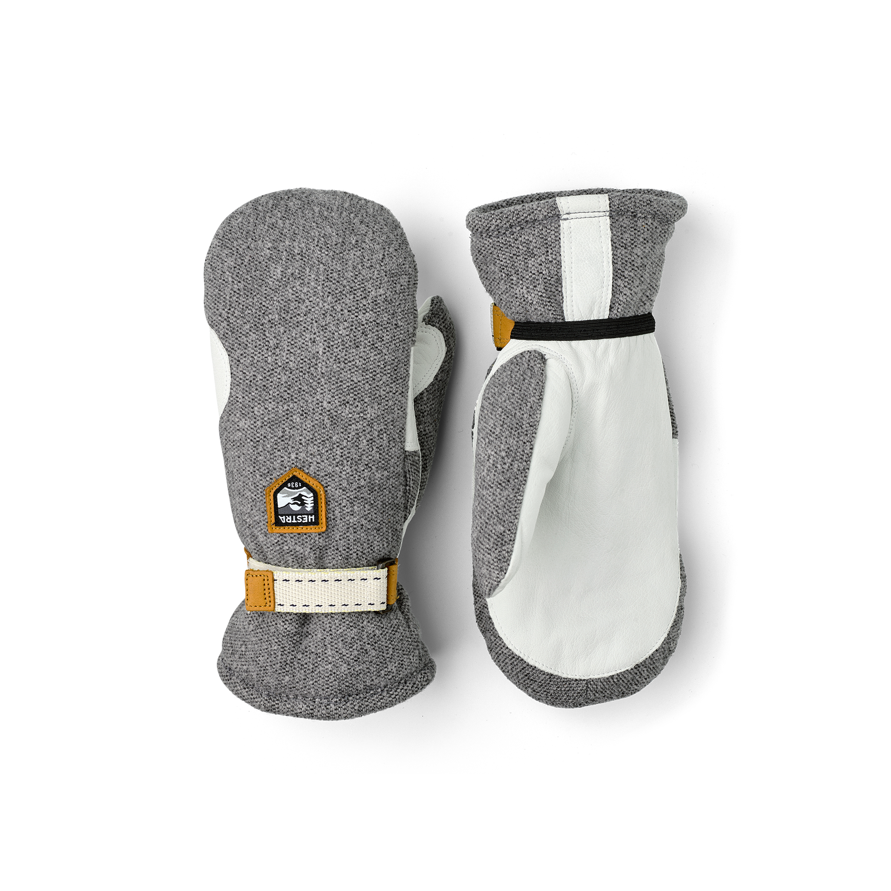 Gray mitten with white goat leather palm and wrist adjustment