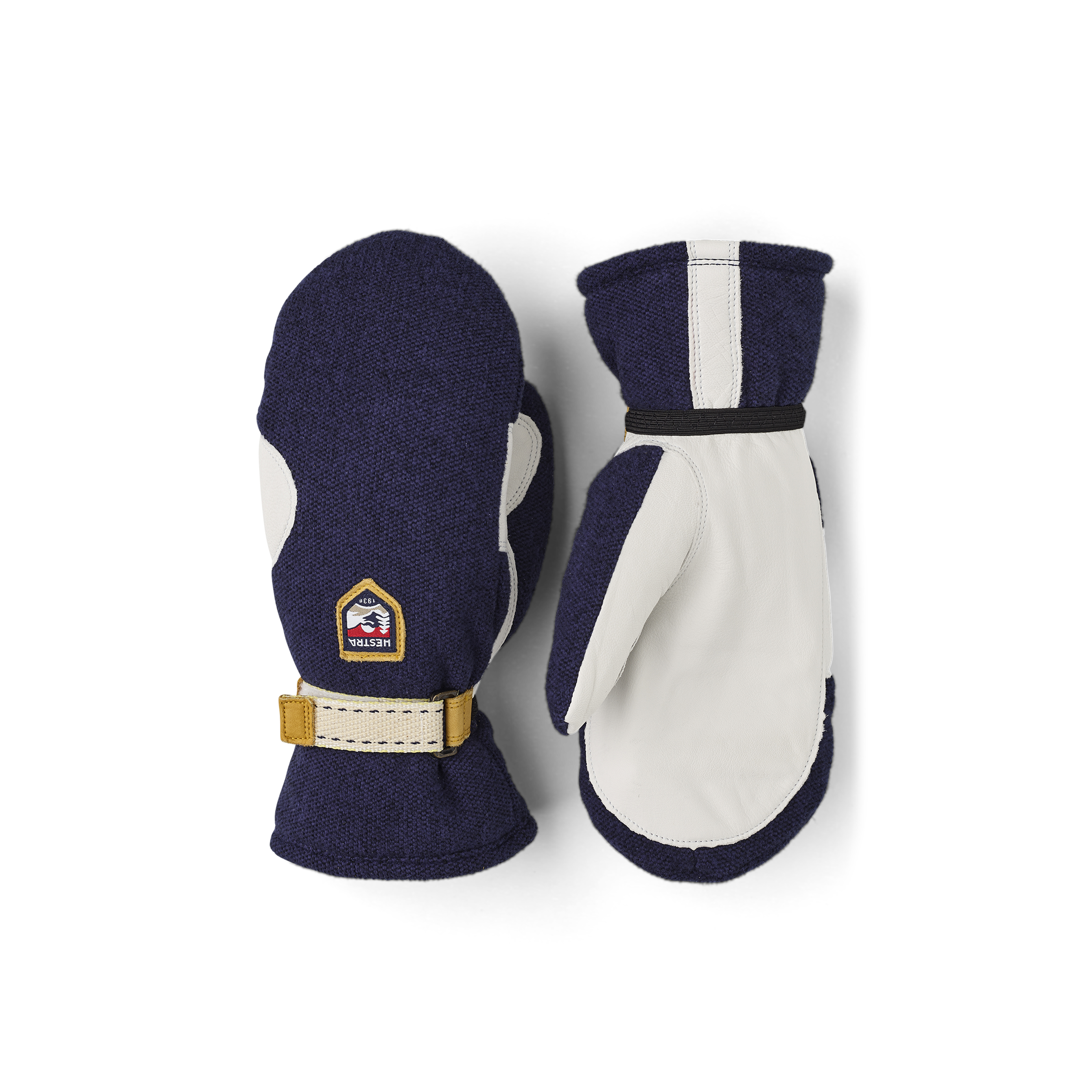 Dark blue mitten with white goat leather palm and wrist adjustment