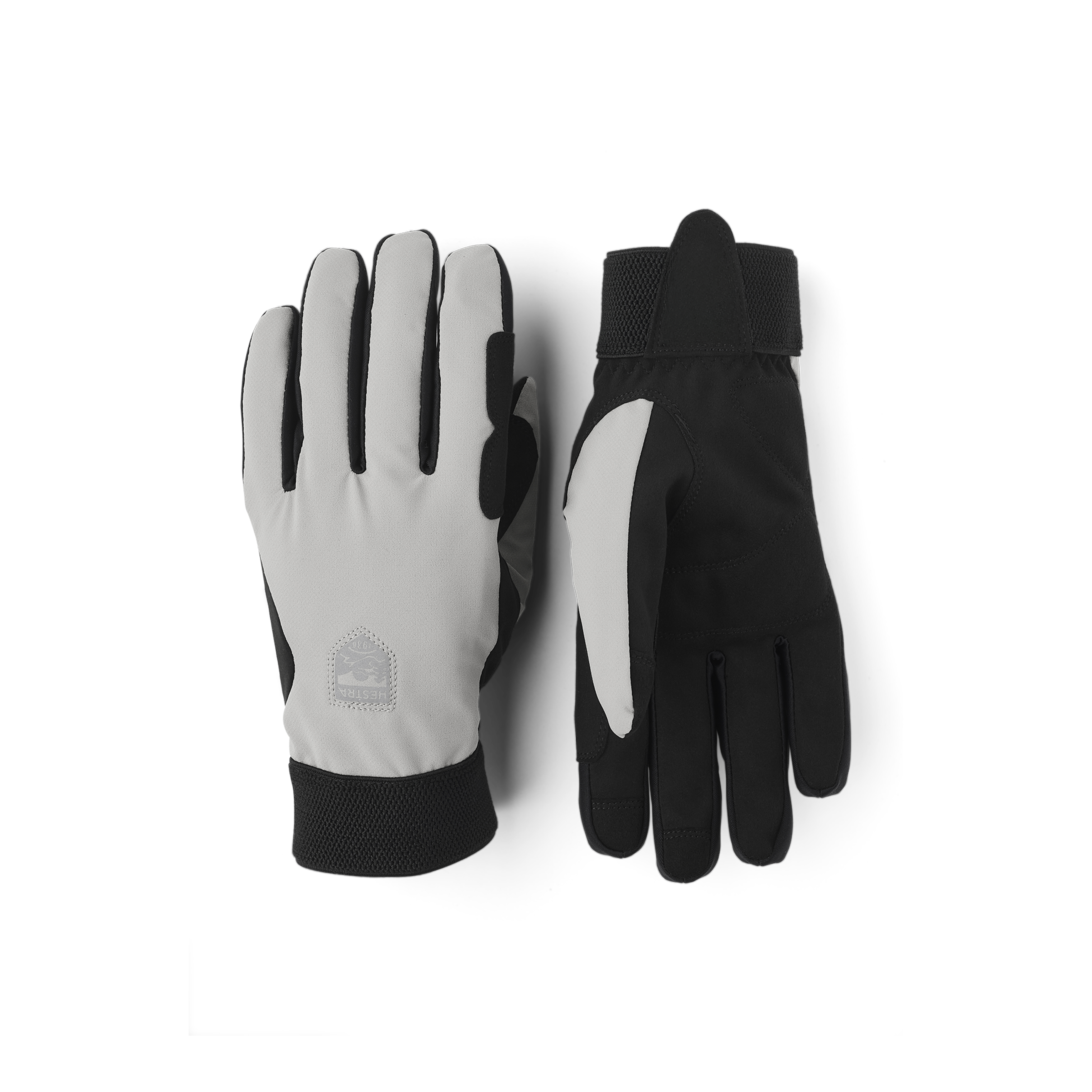 Beige fabric cycling glove with black synthetic suede palm
