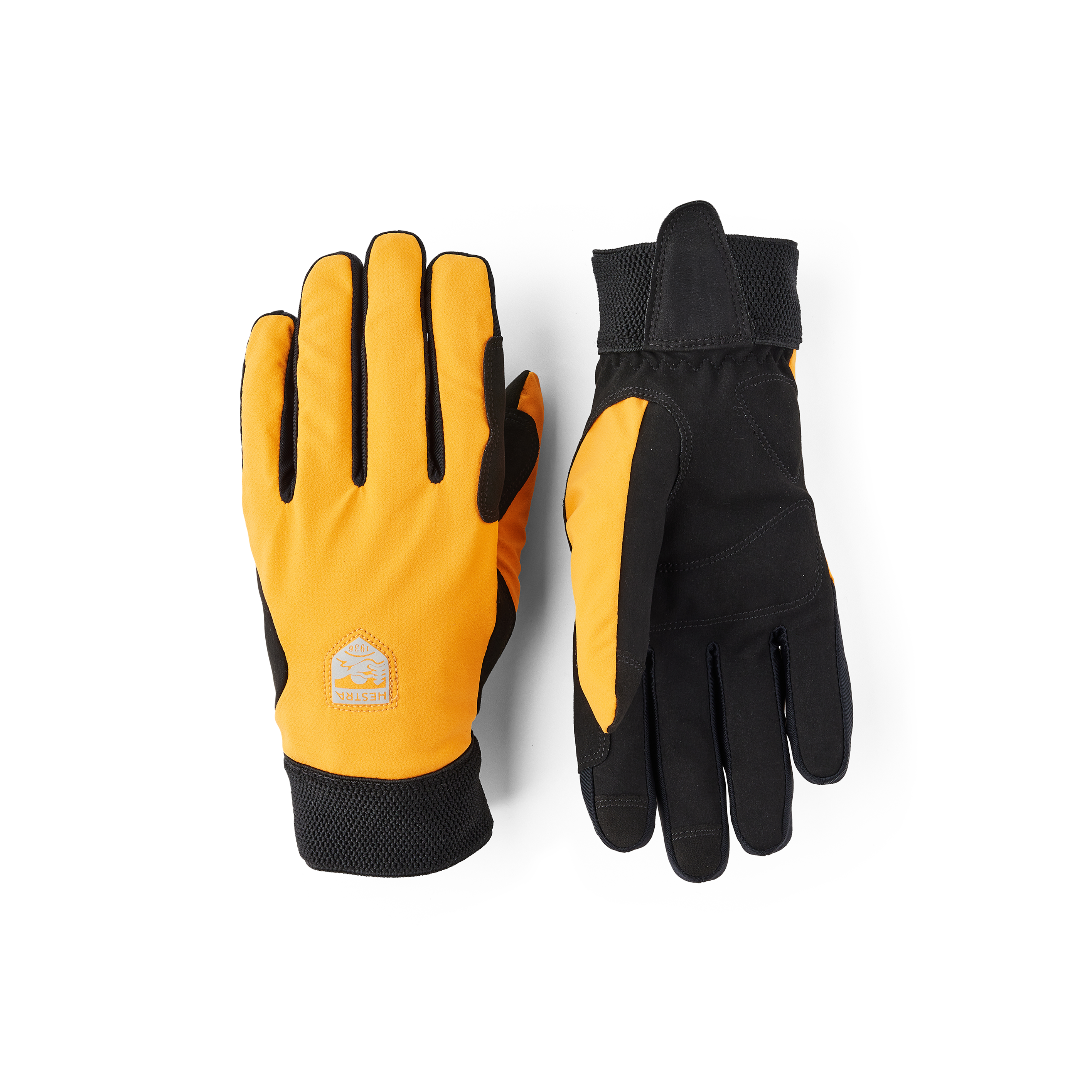 Orange fabric cycling glove with black synthetic suede palm
