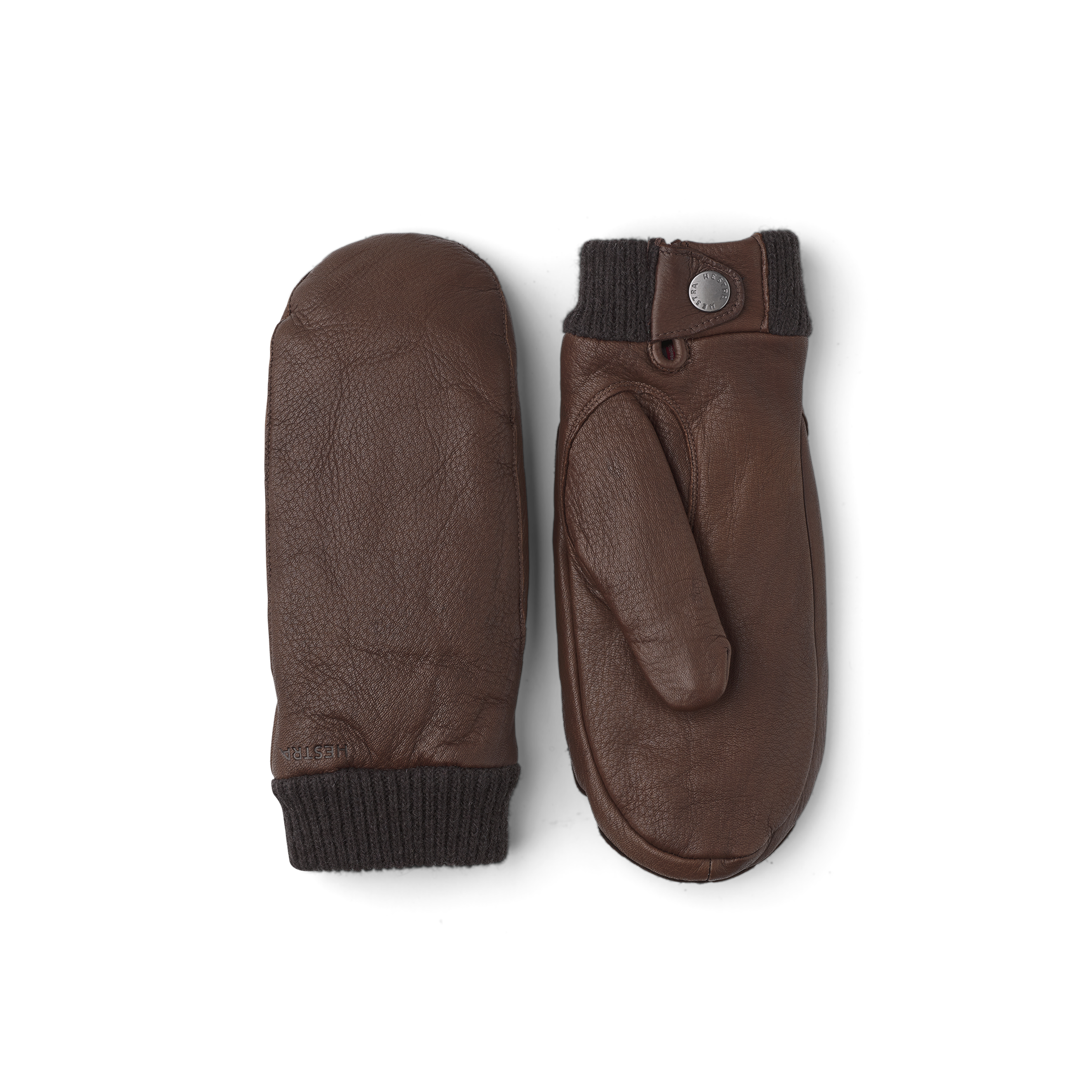 Brown deerskin mitten with knitted cuff