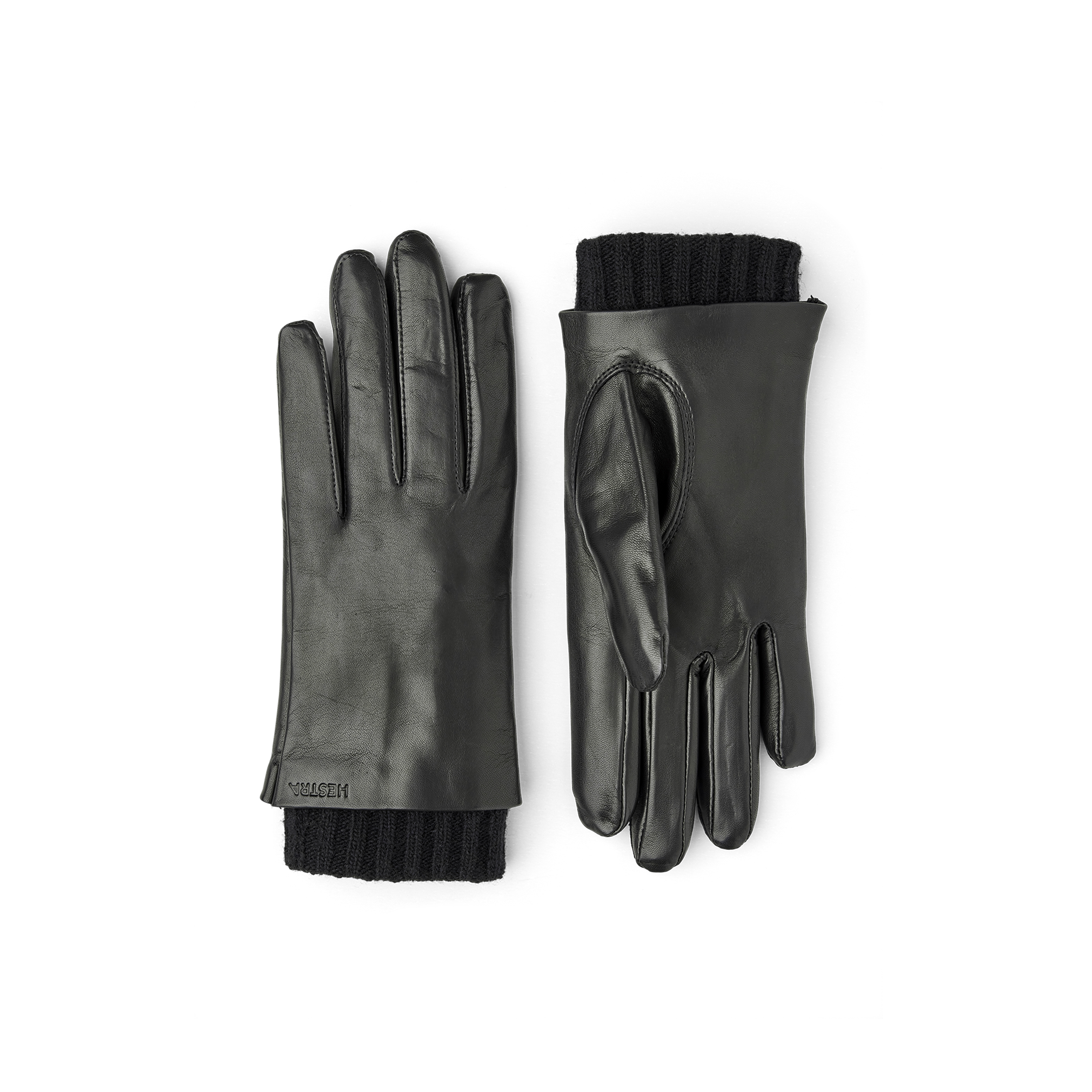 Black machine-sewn hairsheep leather glove with knitted cuff