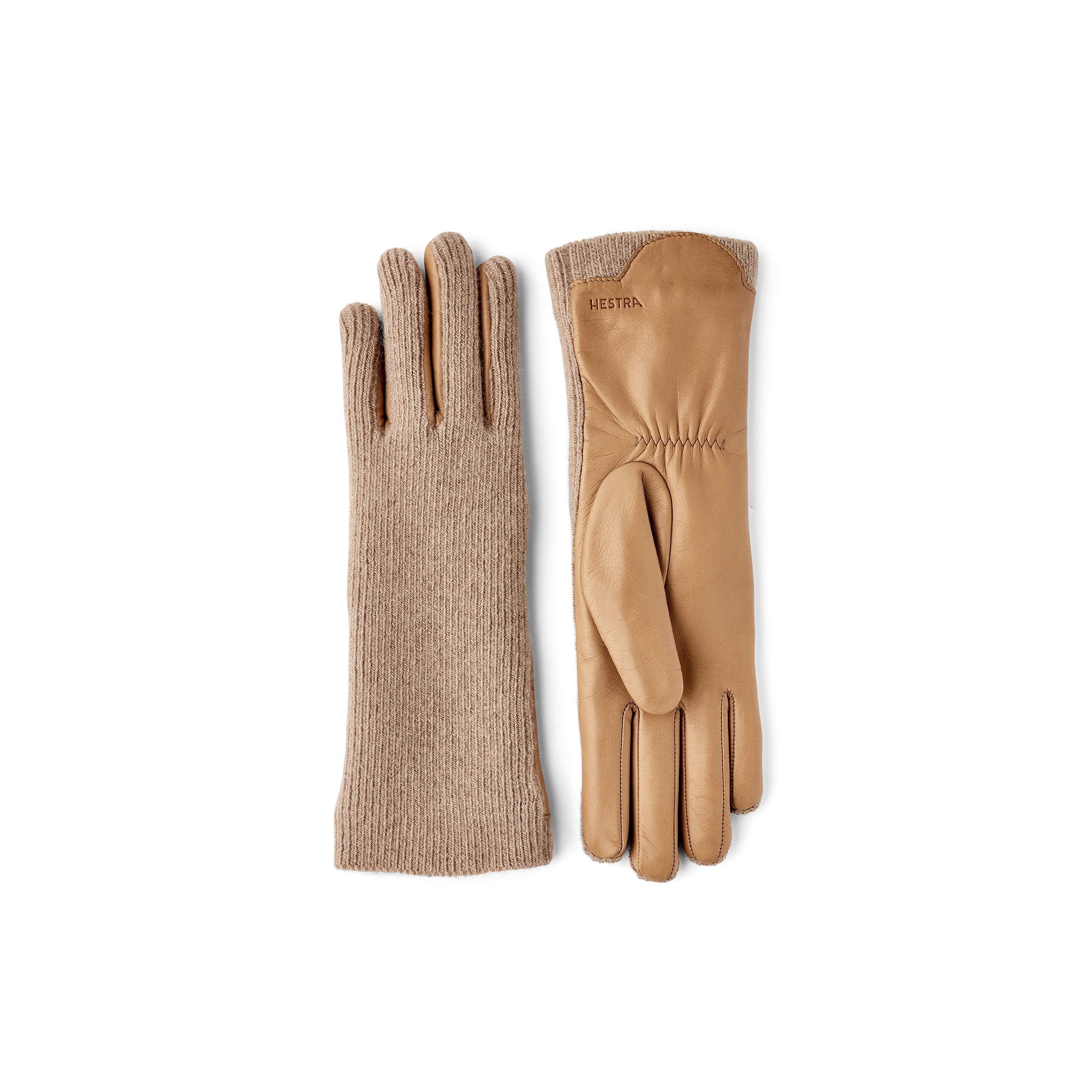 Medium gray machine-sewn hairsheep leather glove with knitted back in light gray cashmere