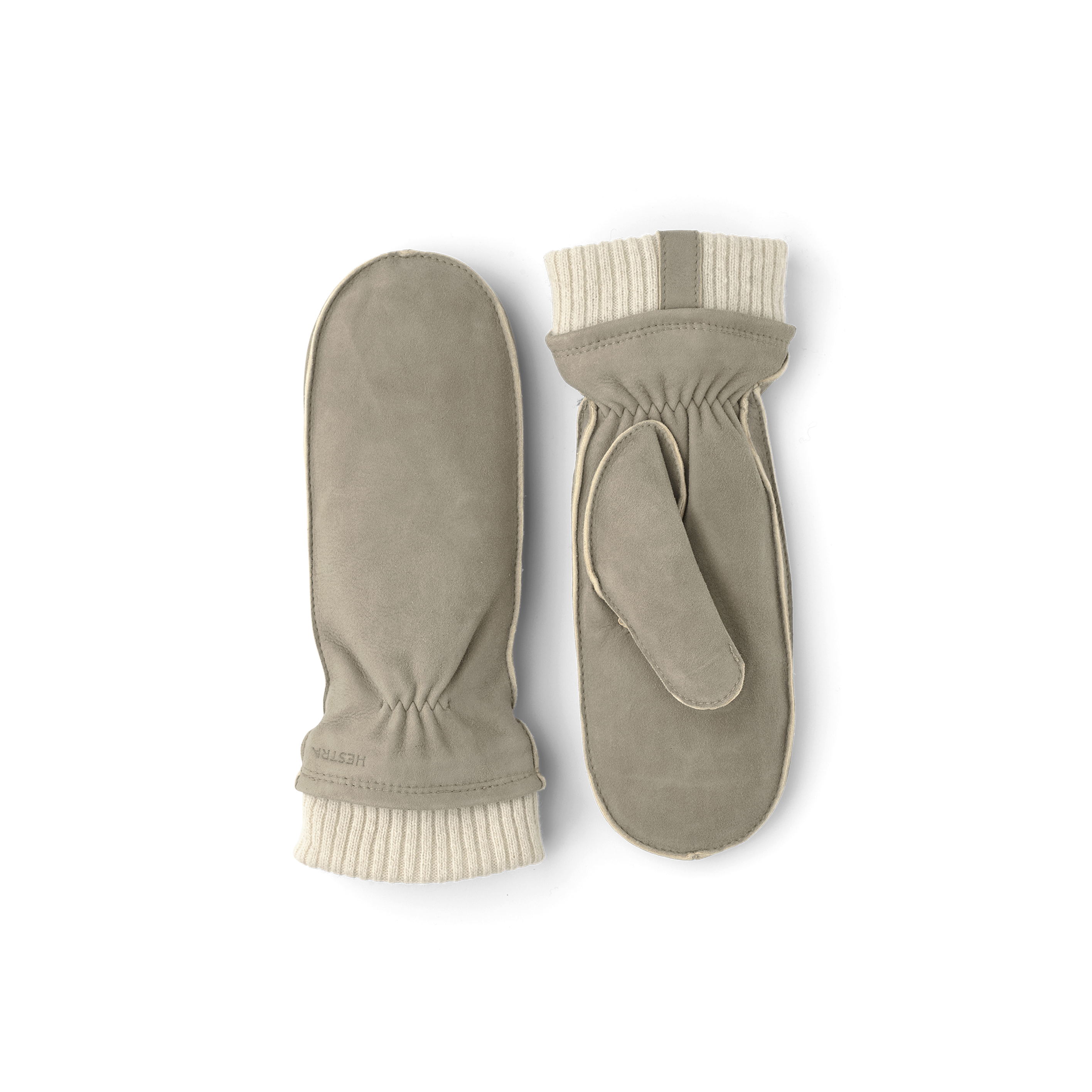 Beige-gray machine-sewn suede mitten with light beige knitted cuff