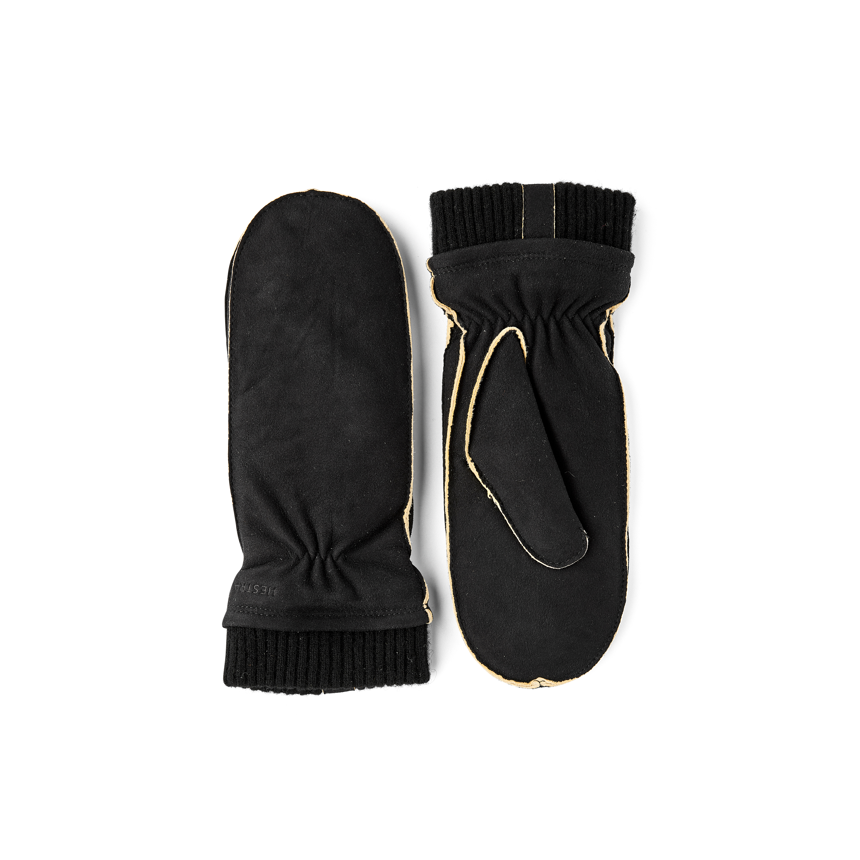 Black machine-sewn suede mitten with knitted cuff