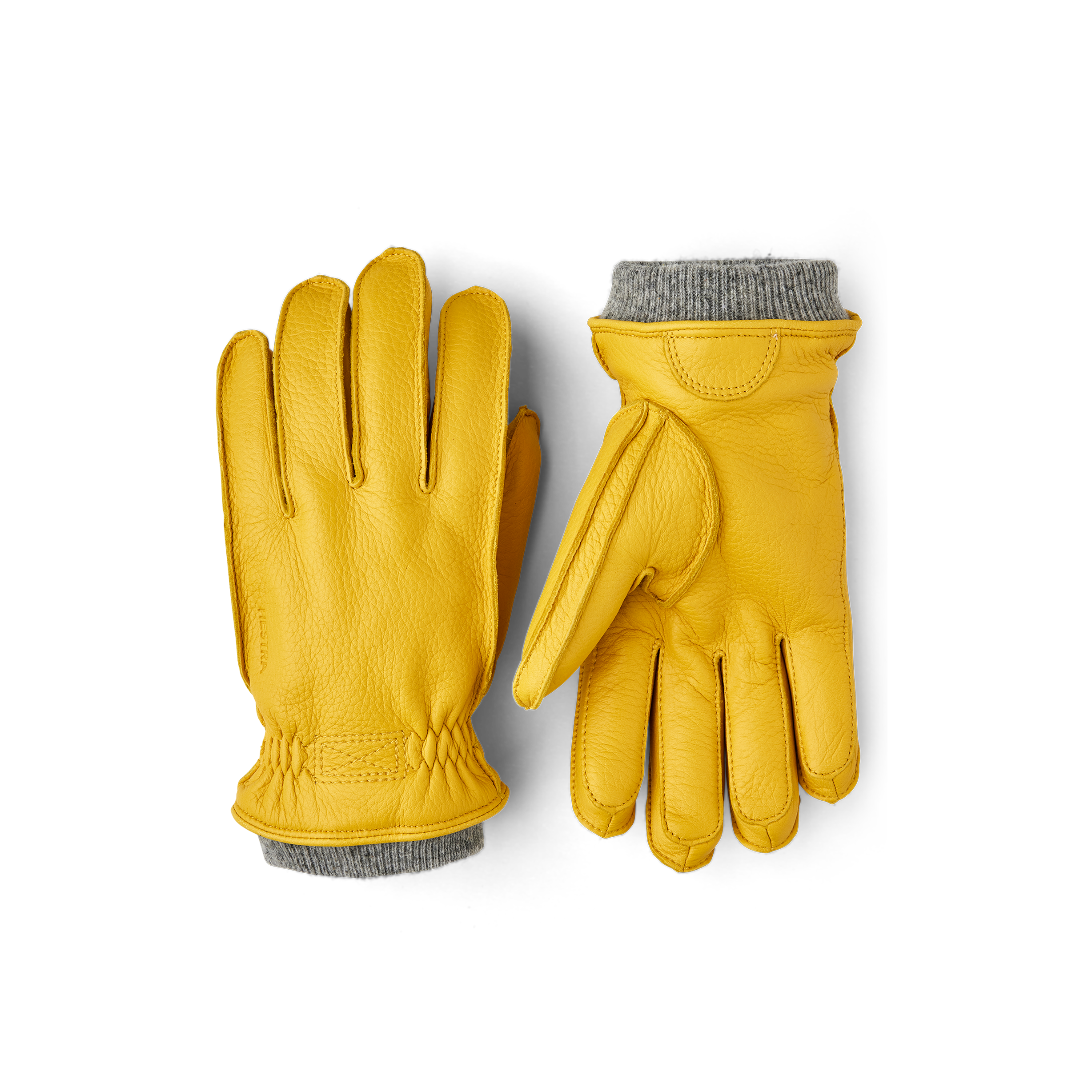 Yellow machine-sewn deerskin glove with gray knitted cuff