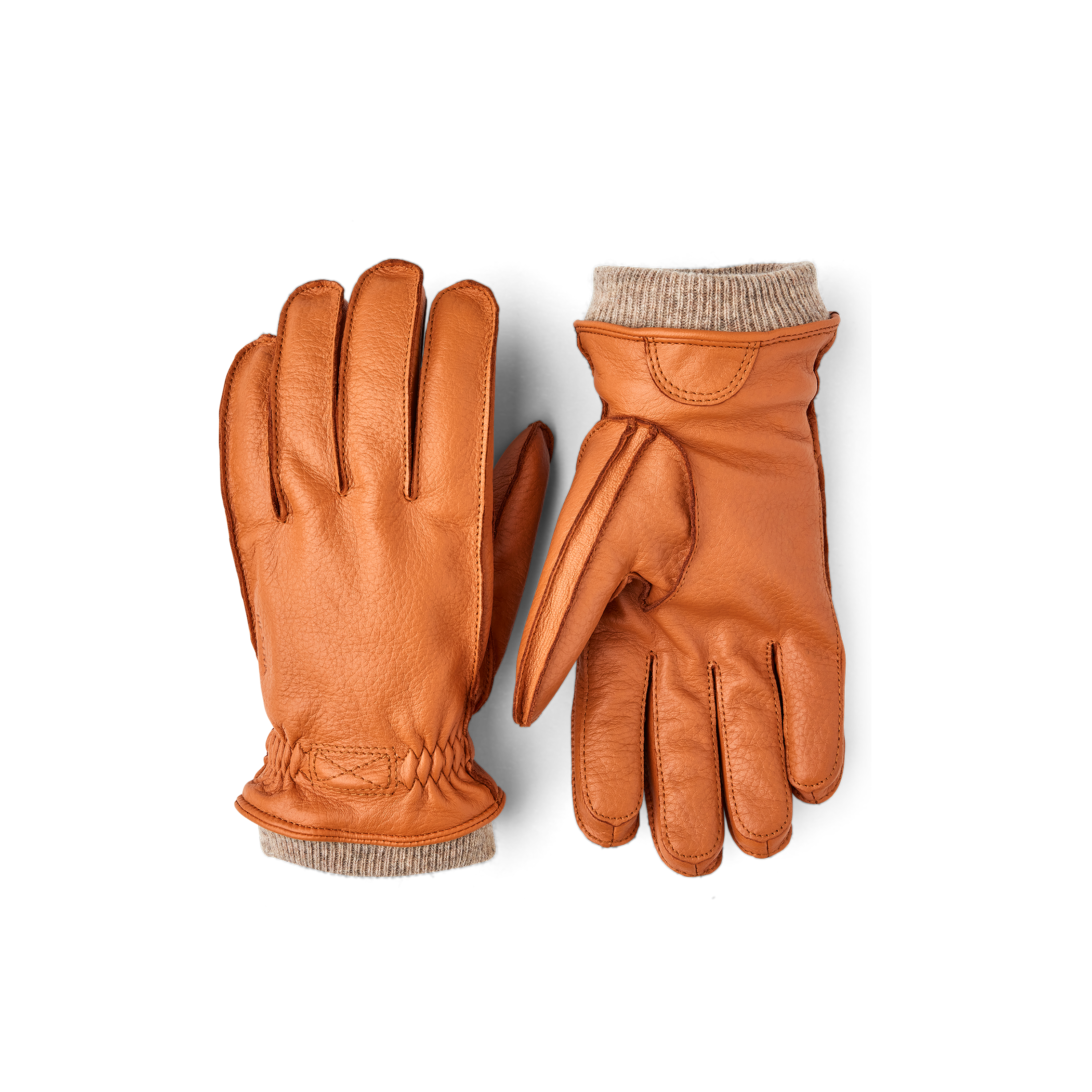 Light brown machine-sewn deerskin glove with beige knitted cuff