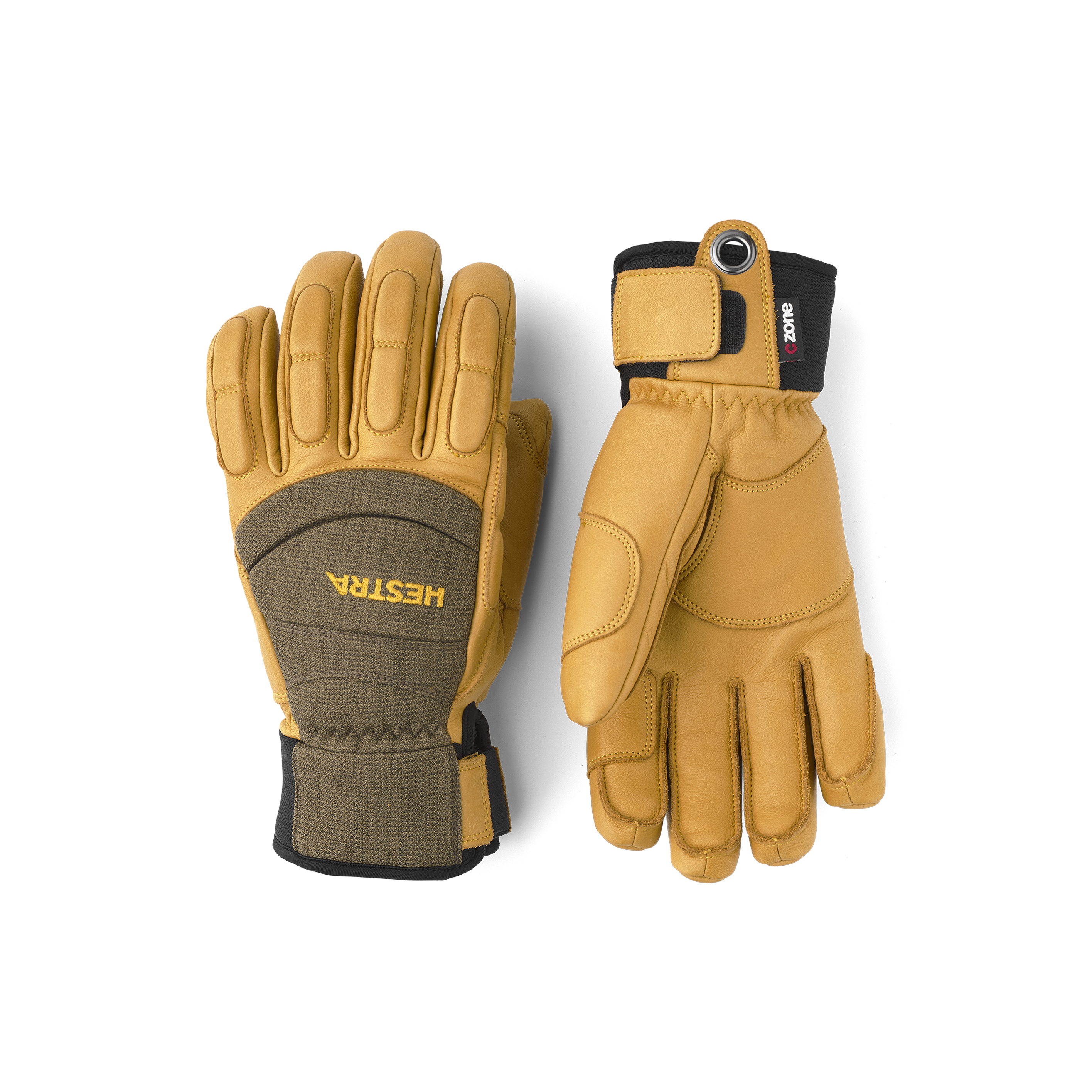 Light brown goat leather ski glove with green fabric back with shock-absorbing panels.