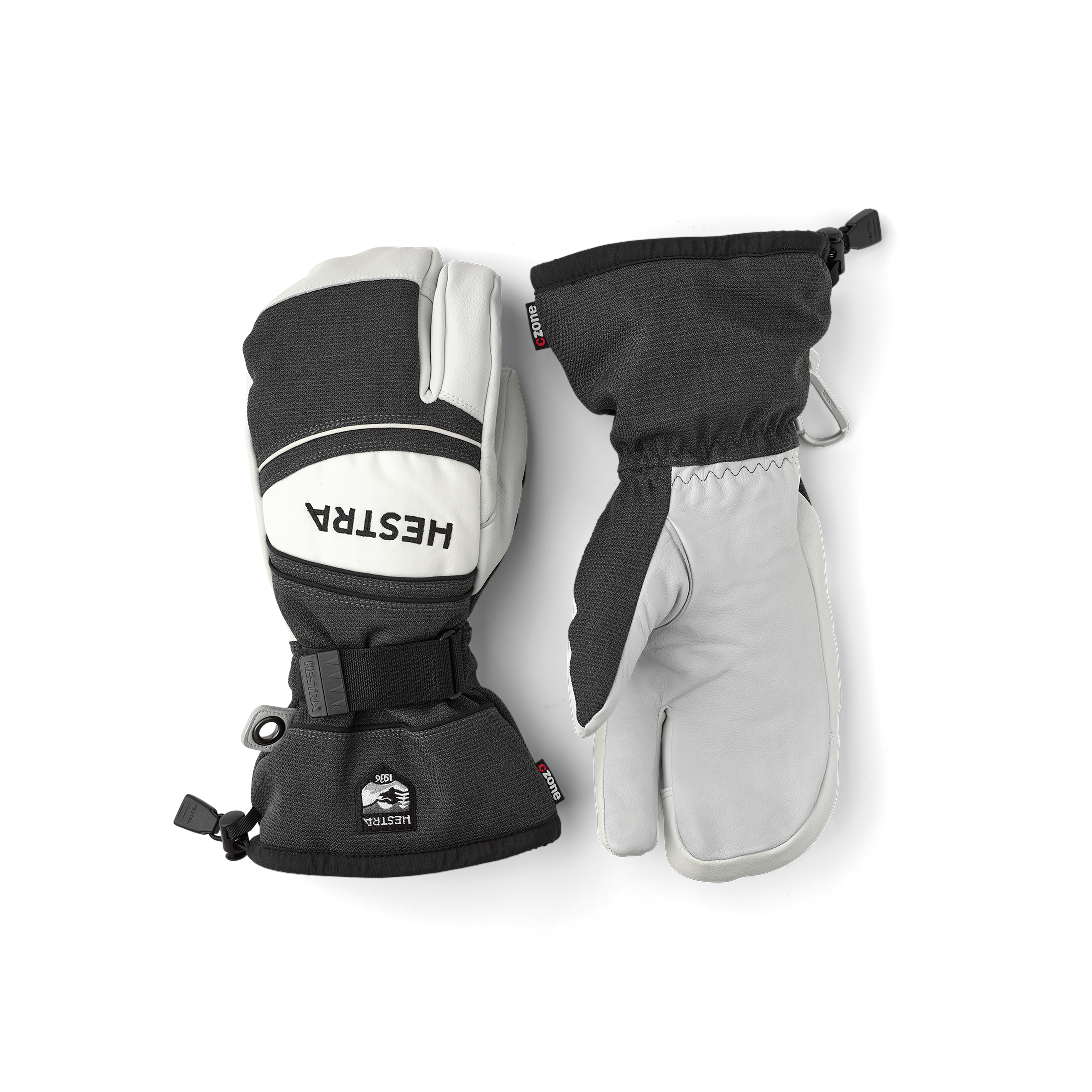 Gray white goat leather and fabric three finger glove