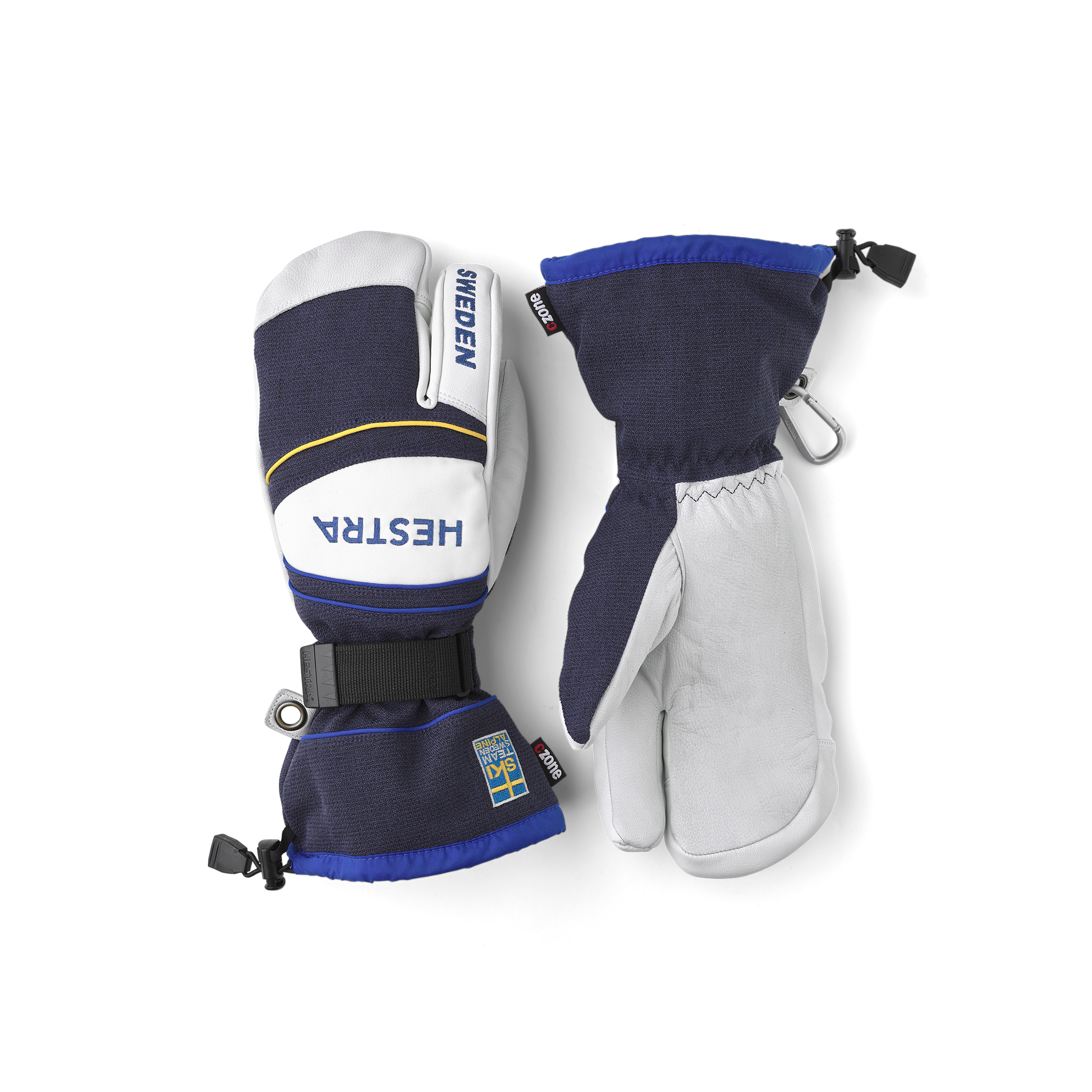 Blue white goat leather and fabric three finger glove