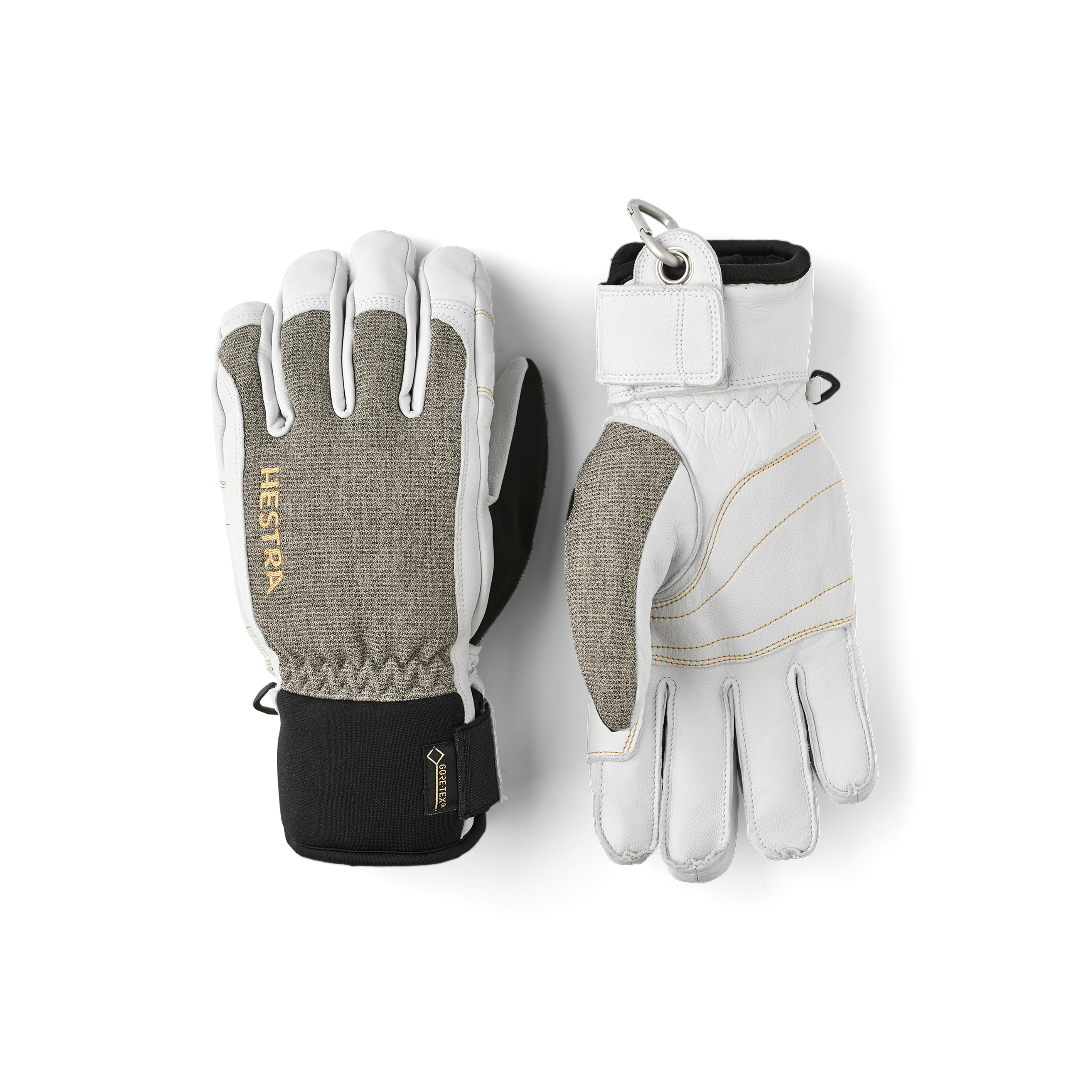 White goat leather ski glove with gray fabric back