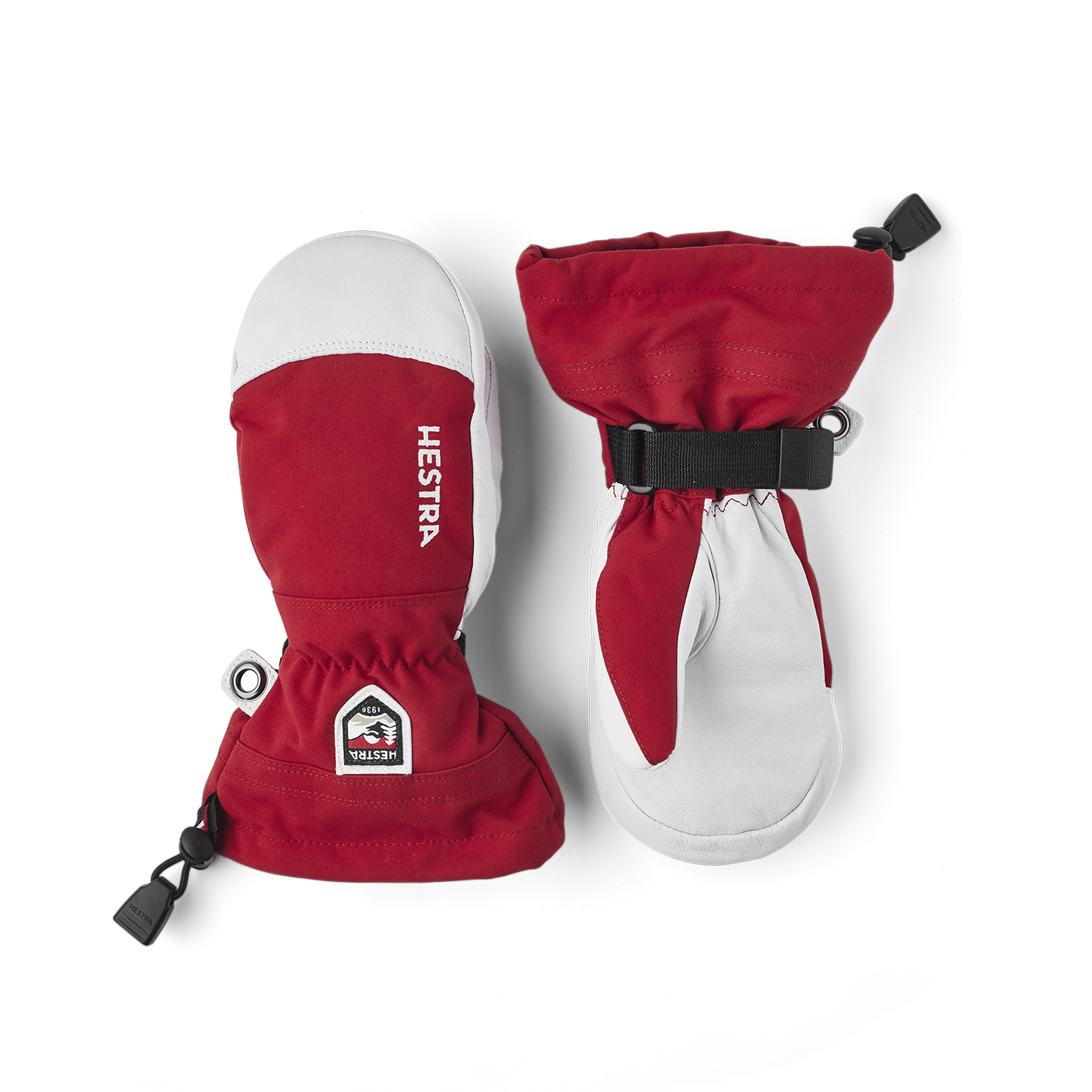 Red mitten with white goat leather palm