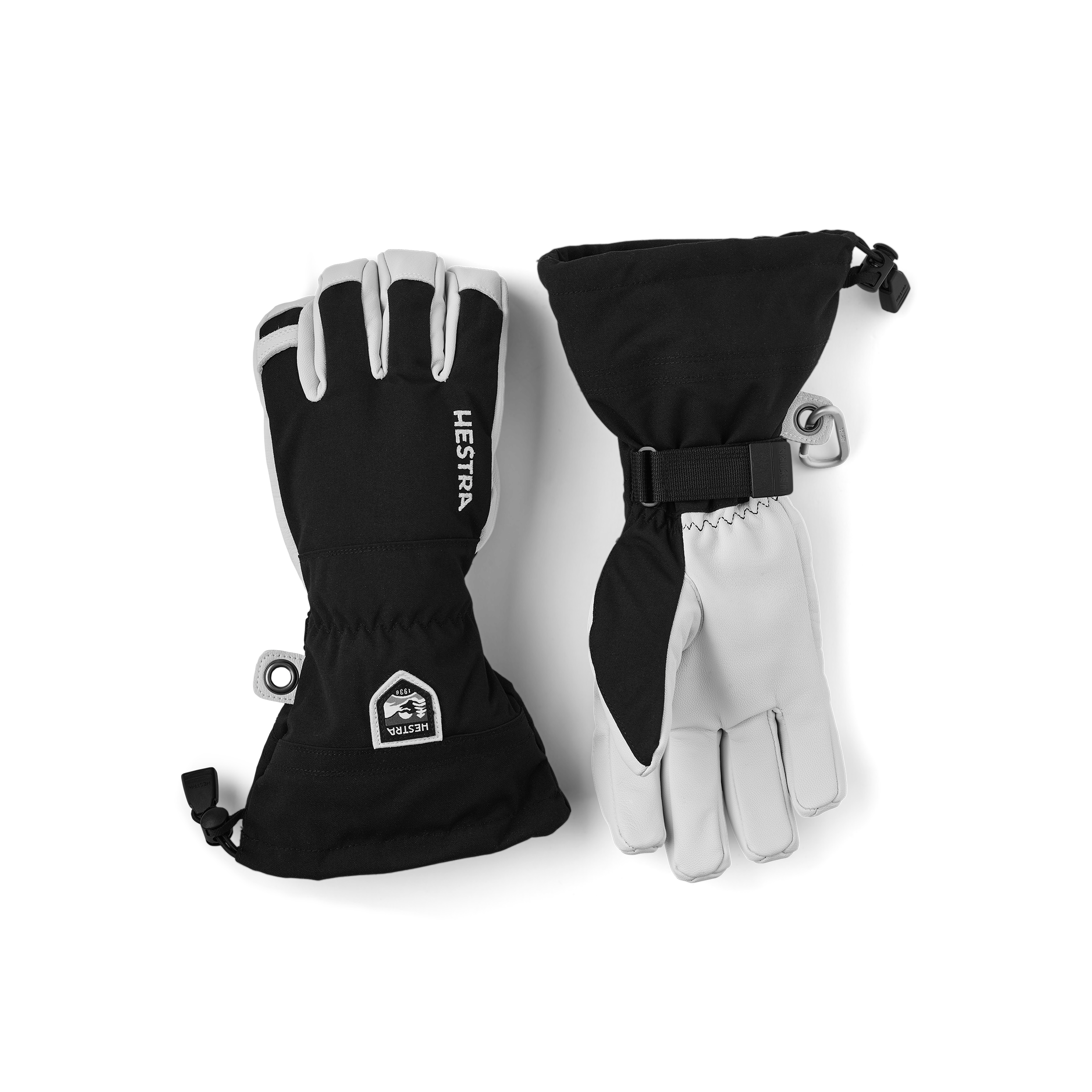 Black ski glove with white goat leather palm