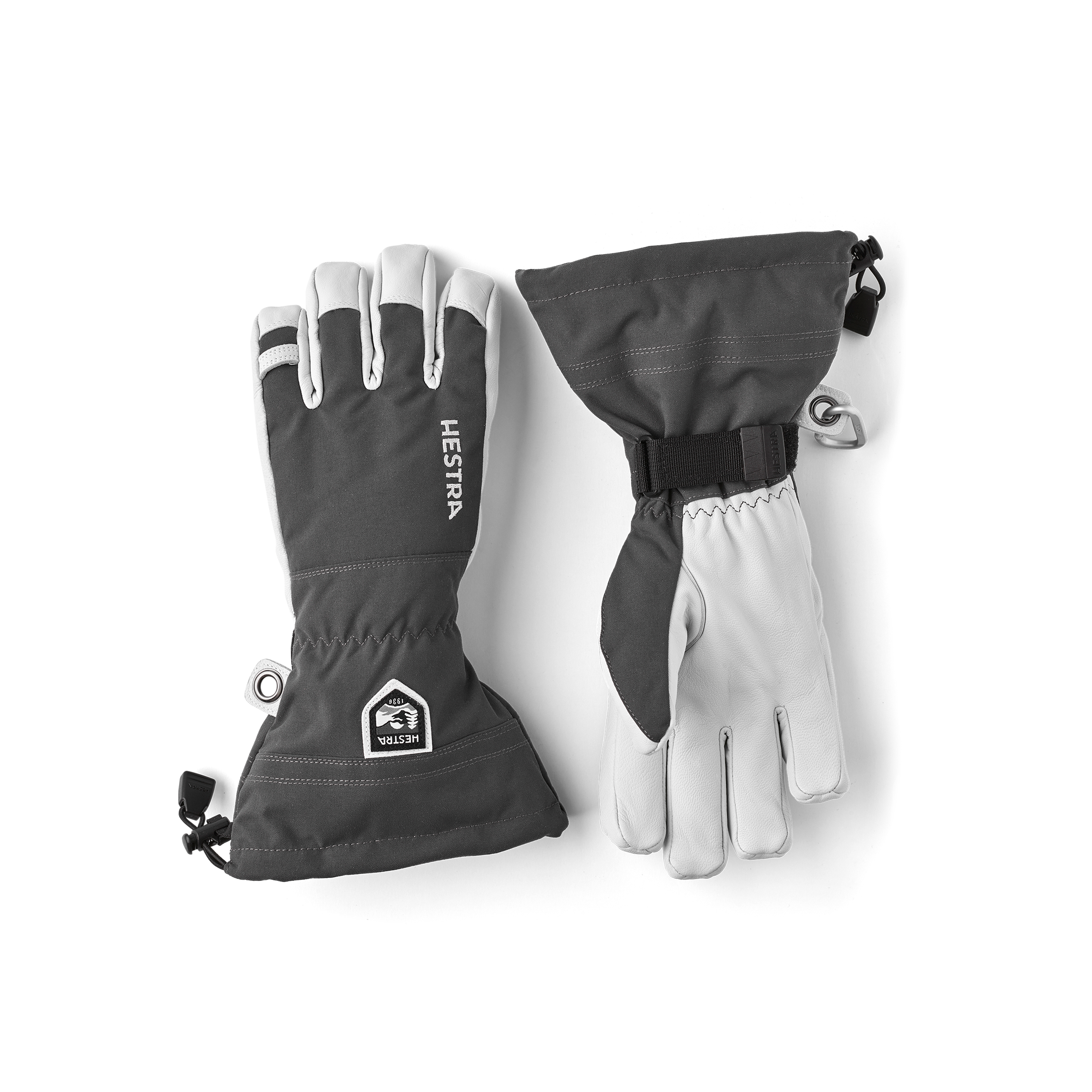 Gray ski glove with white goat leather palm