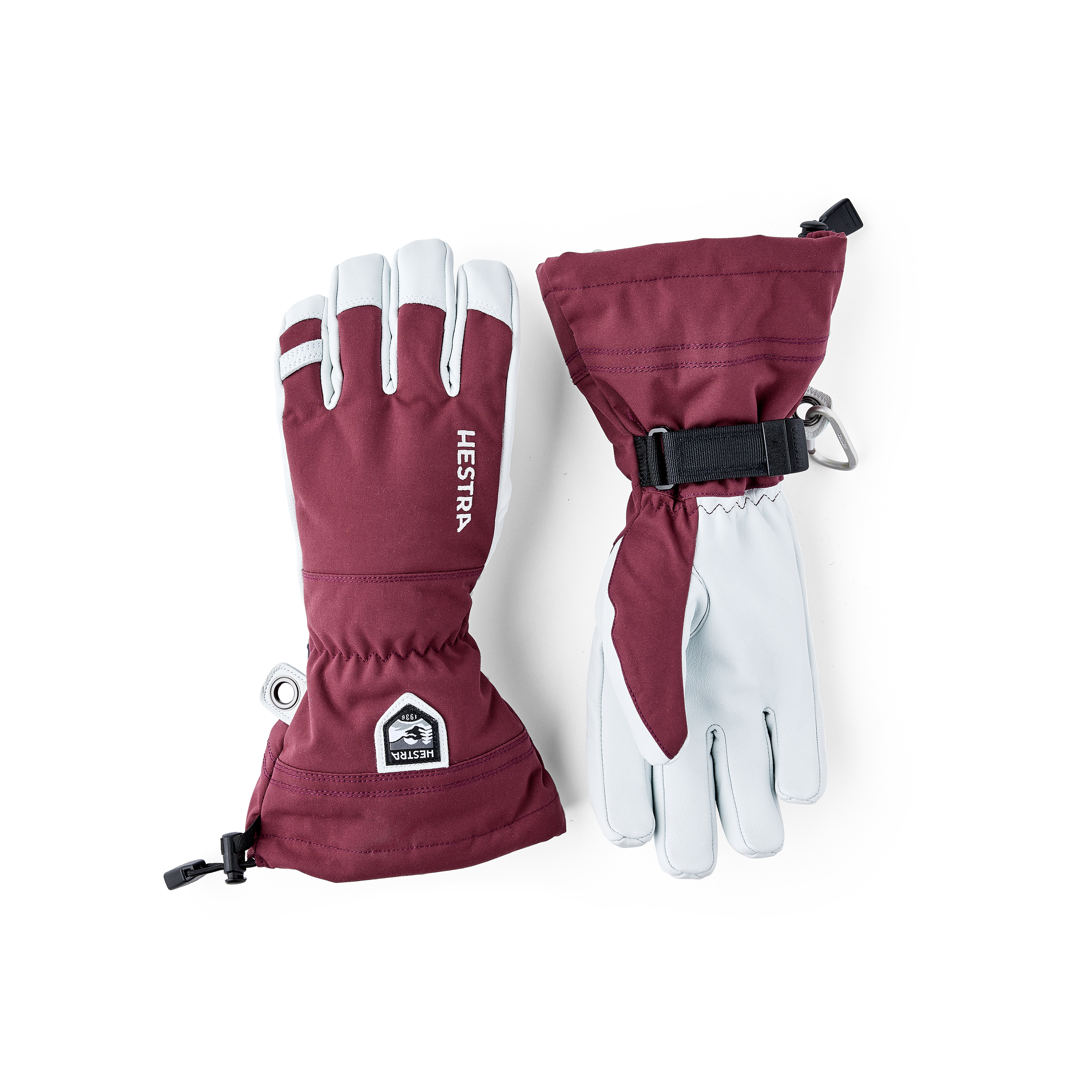 Wine red ski glove with white goat leather palm