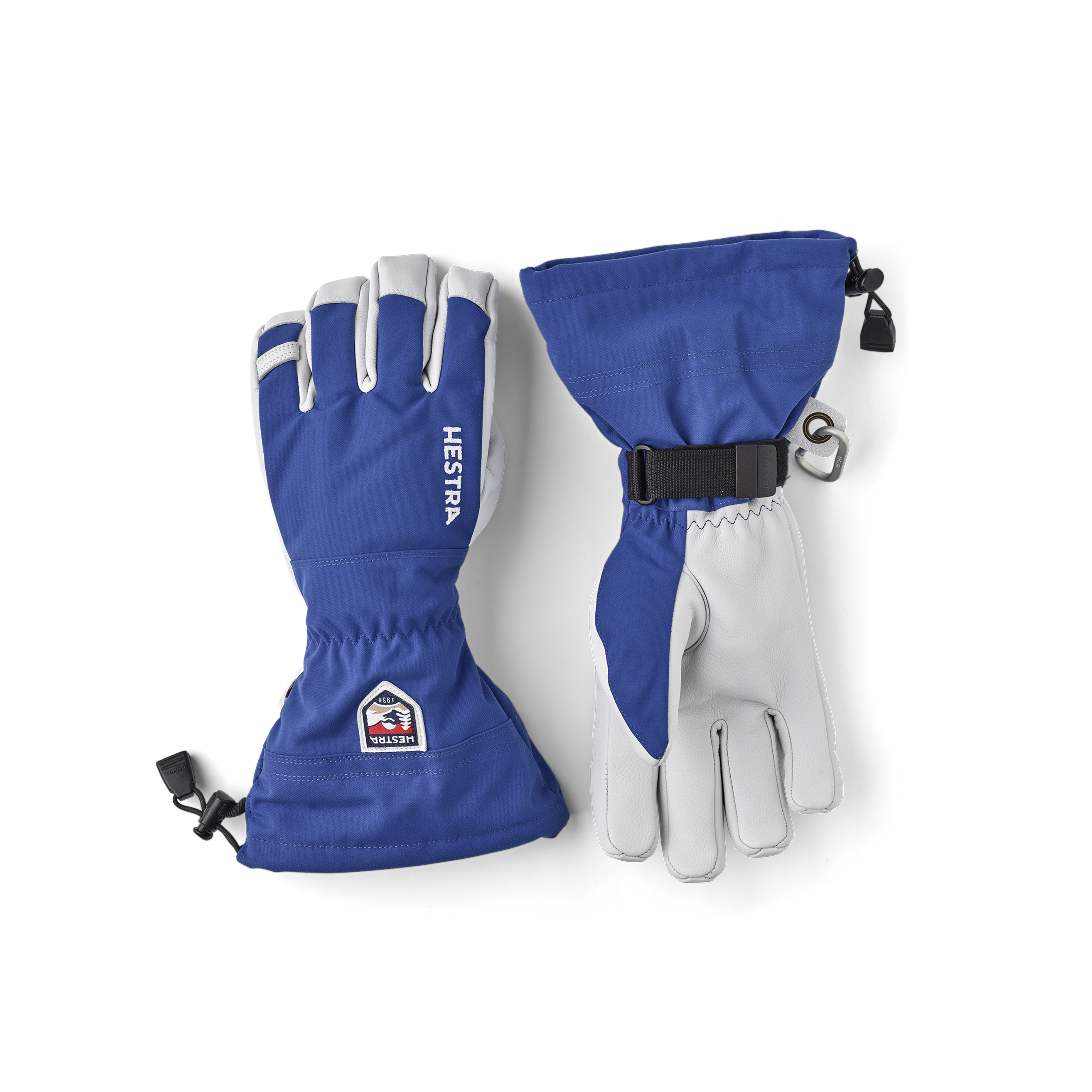 Blue ski glove with white goat leather palm