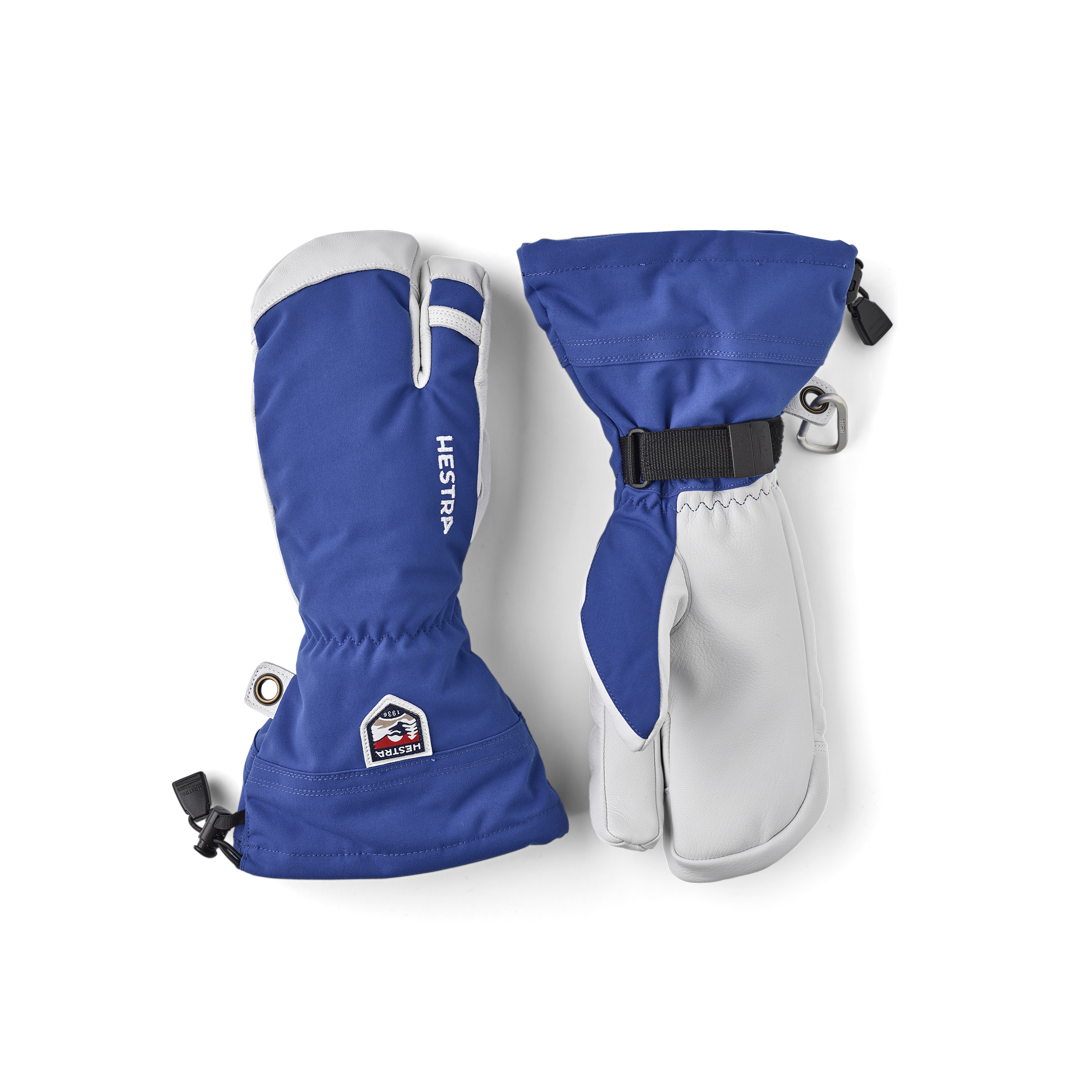 Blue three finger glove with white goat leather palm