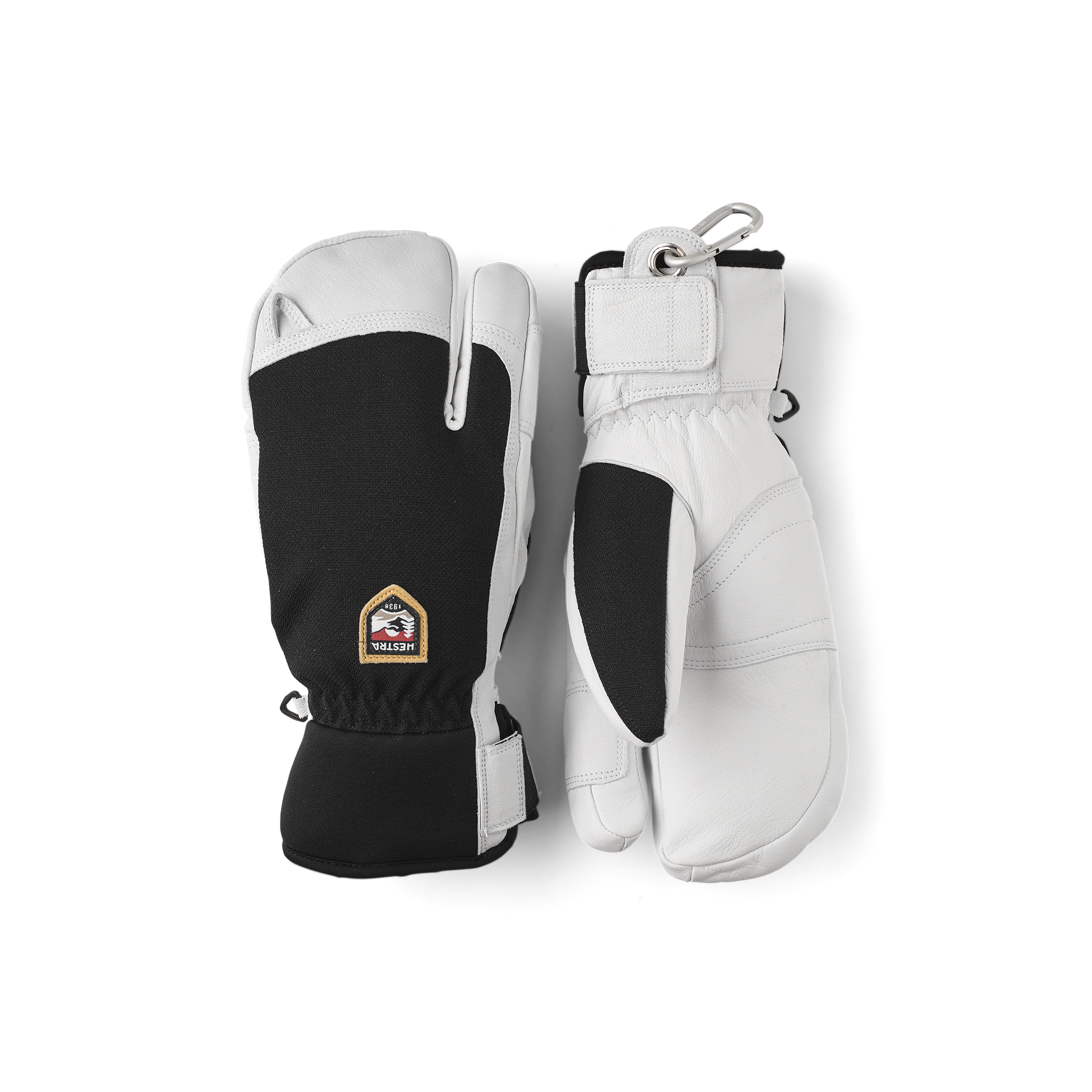 Black three finger glove with white goat leather palm