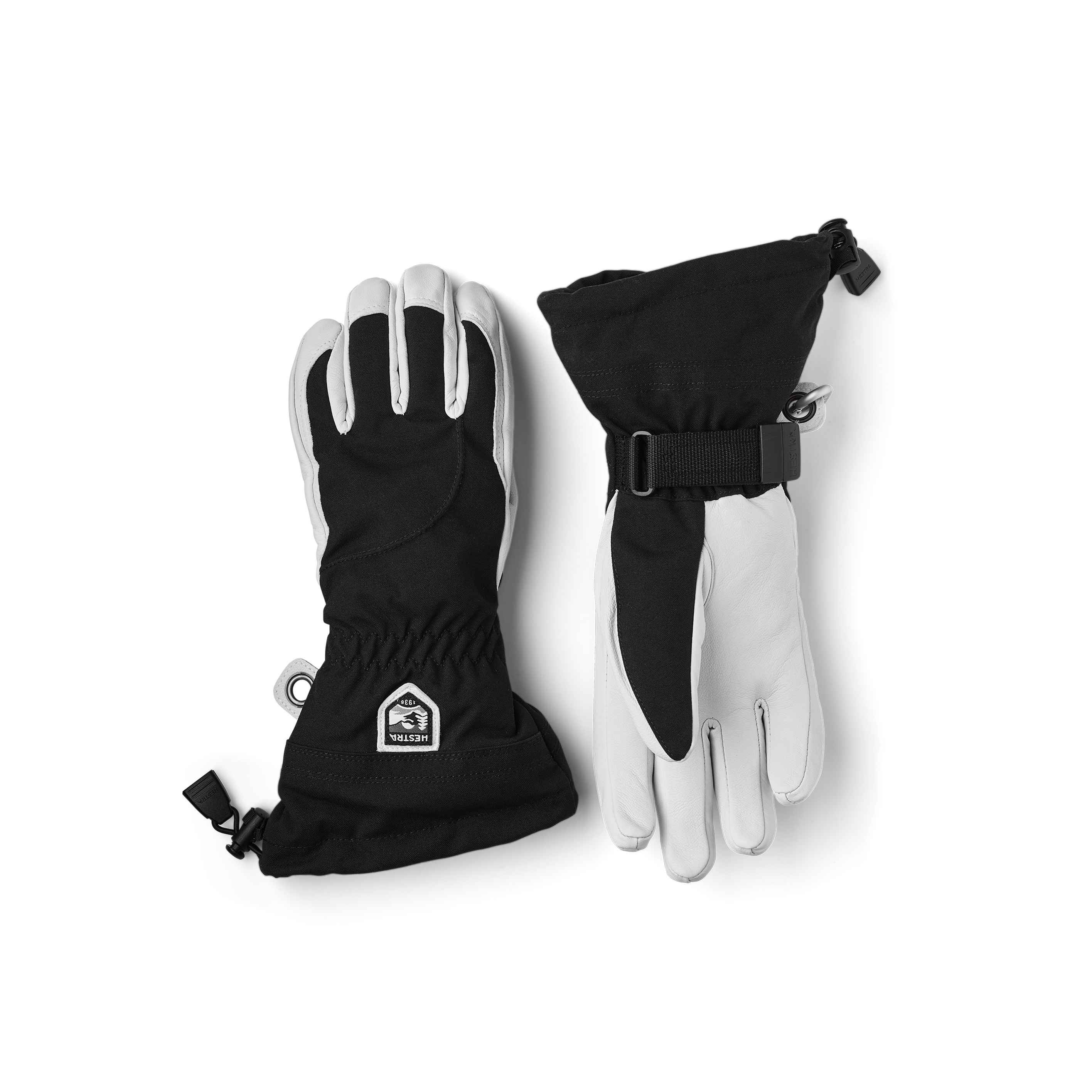 Black ski glove with white goat leather palm