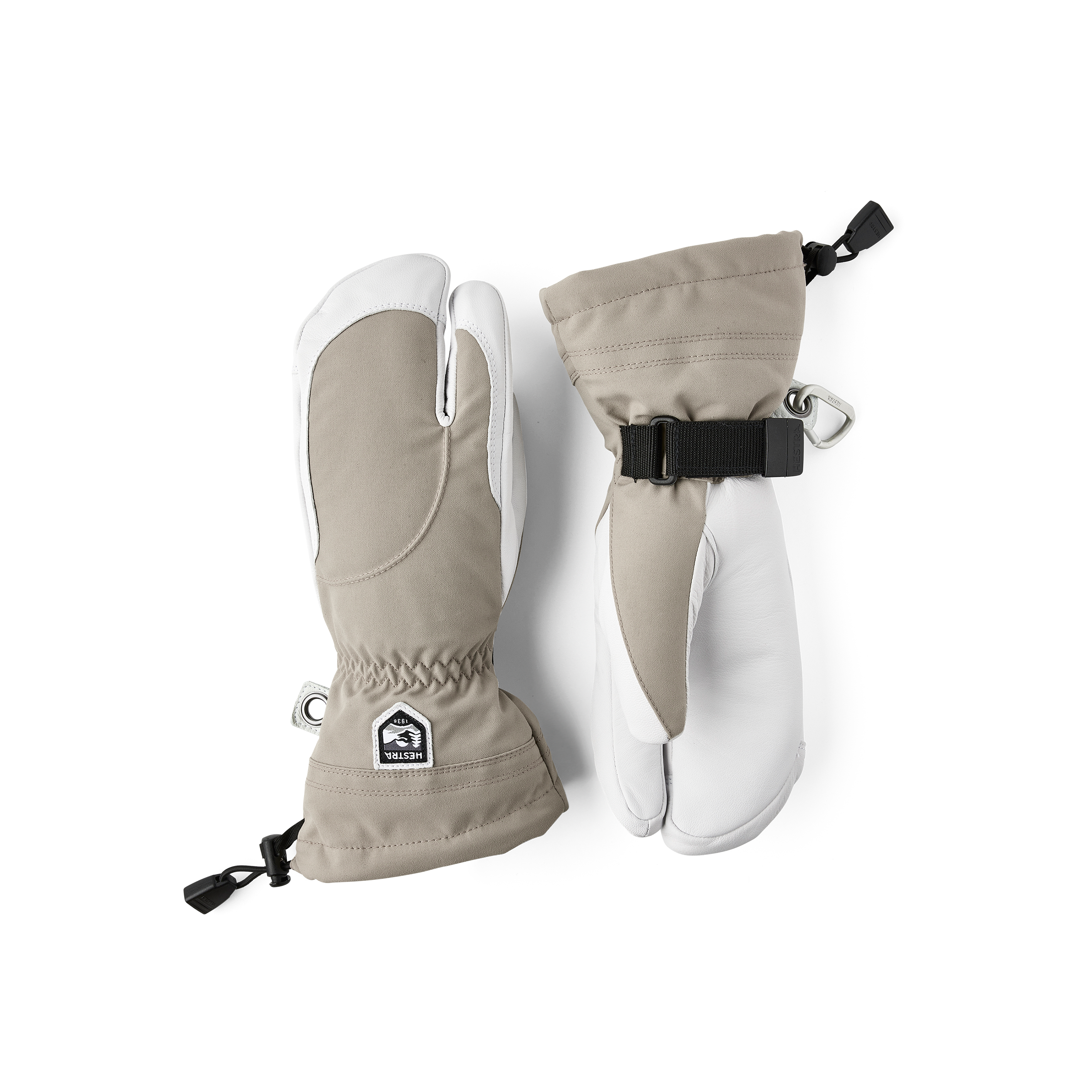 Light purple three finger glove with white goat leather palm