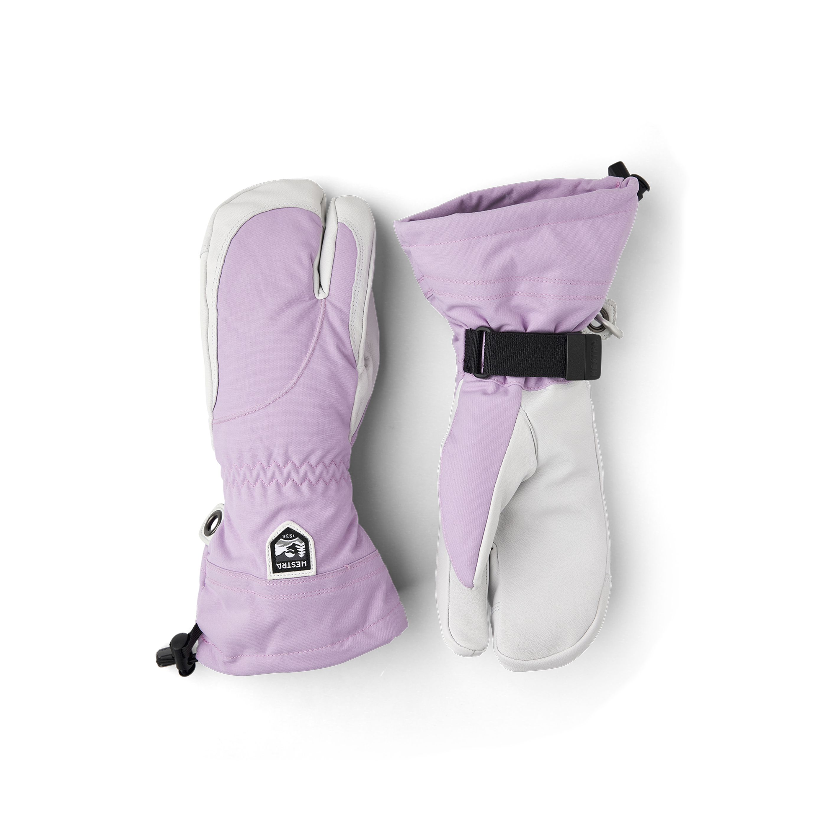 Light purple three finger glove with white goat leather palm