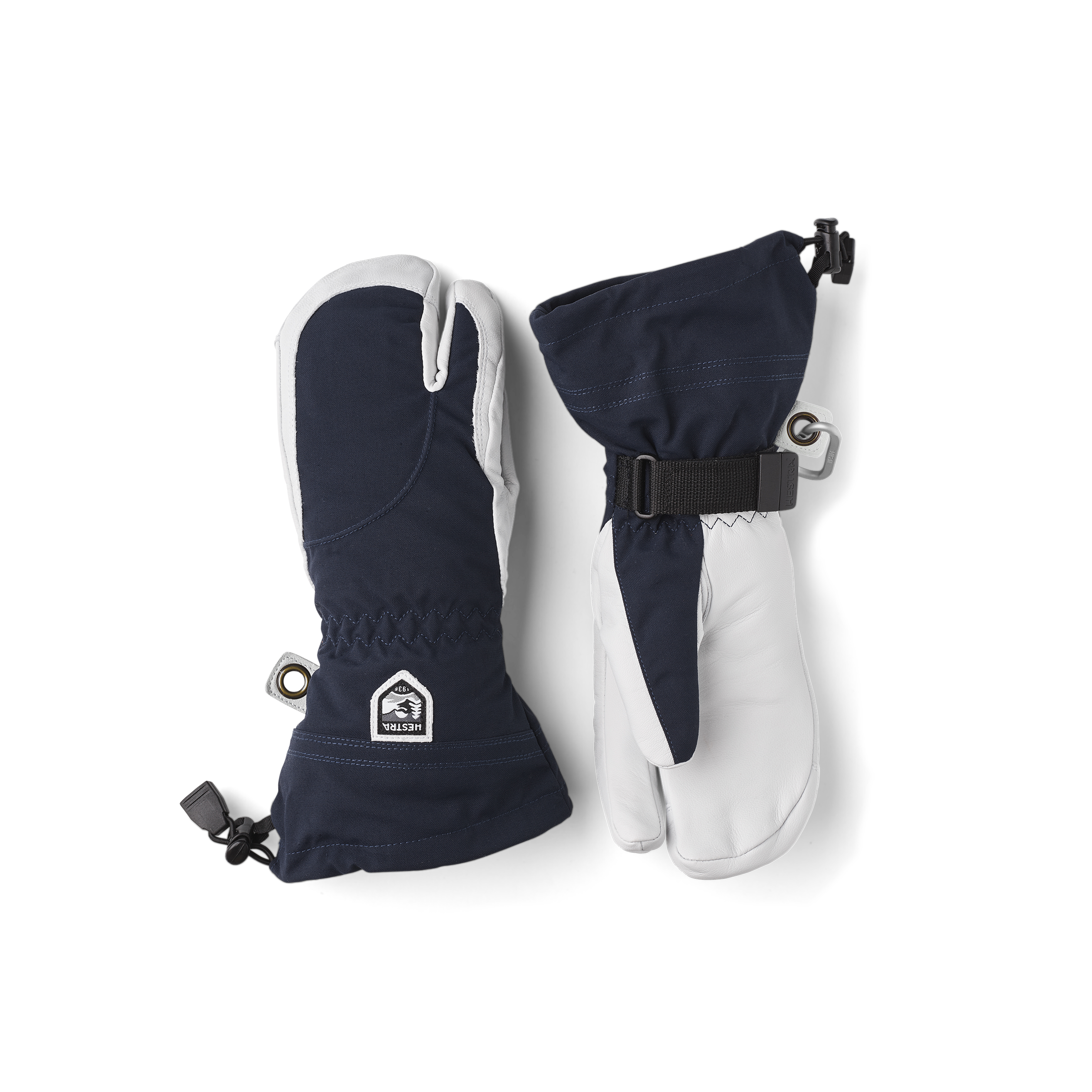 Dark blue three finger glove with white goat leather palm