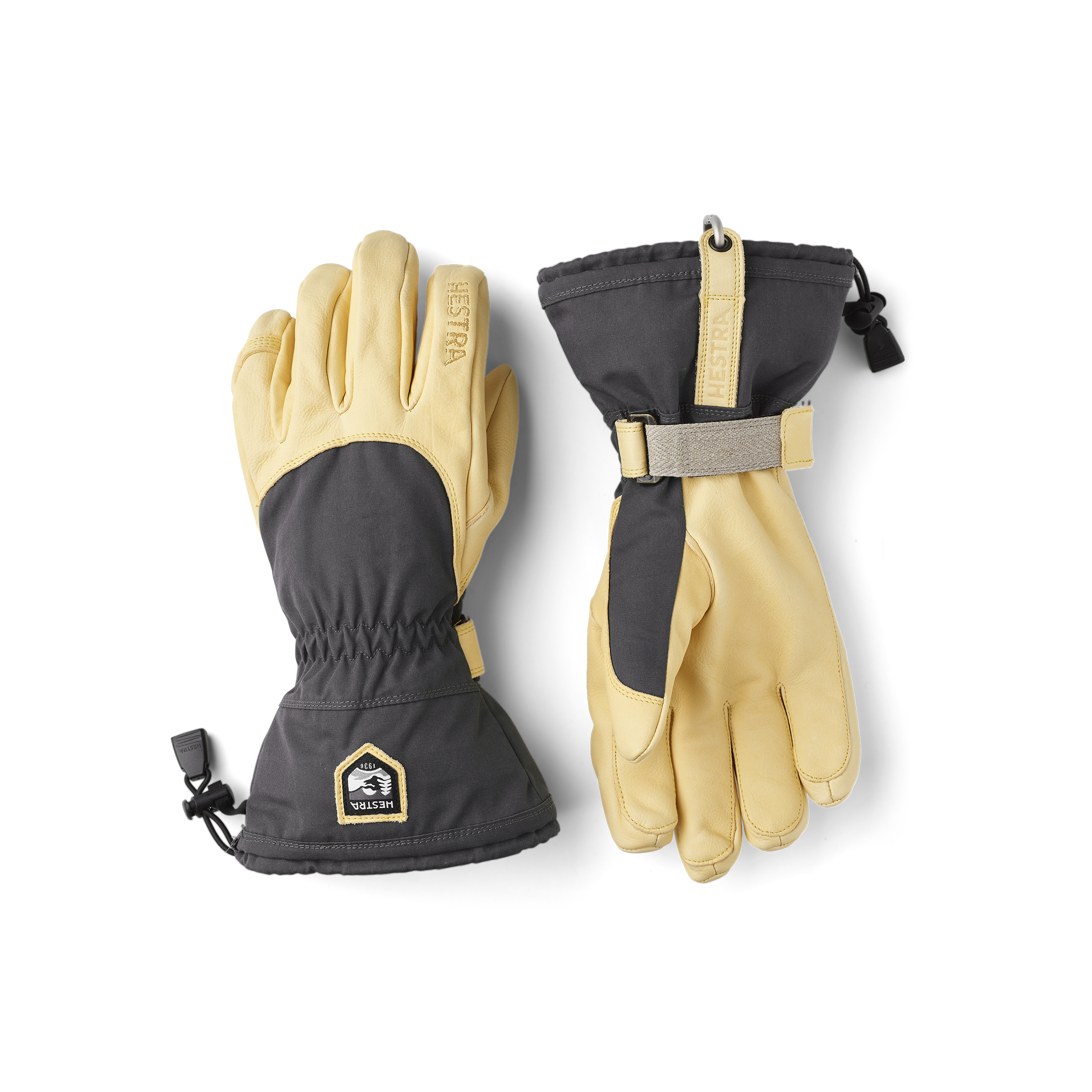 Gray ski glove with yellow cow hide palm