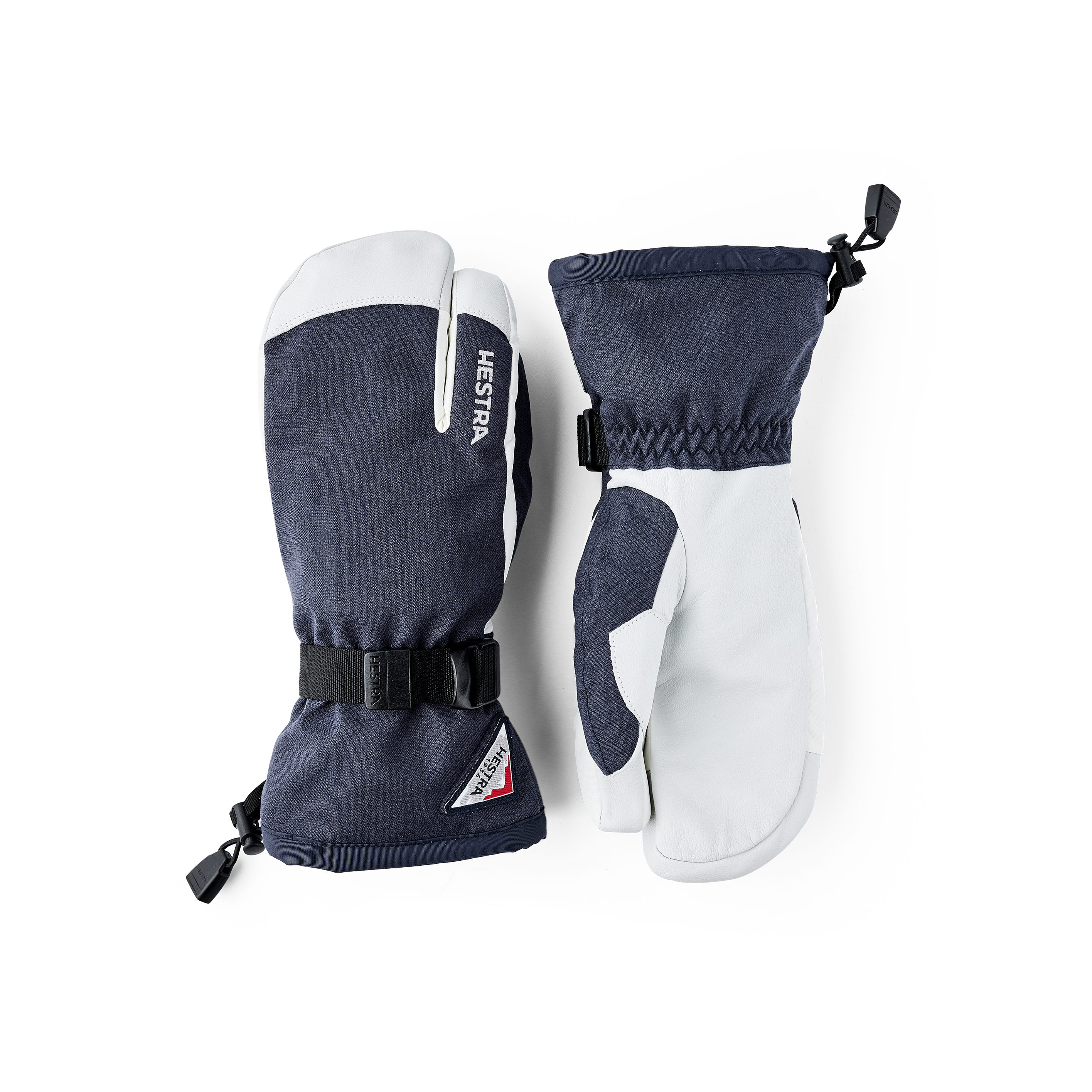 Dark blue three finger glove with white goat leather palm and wrist adjustment