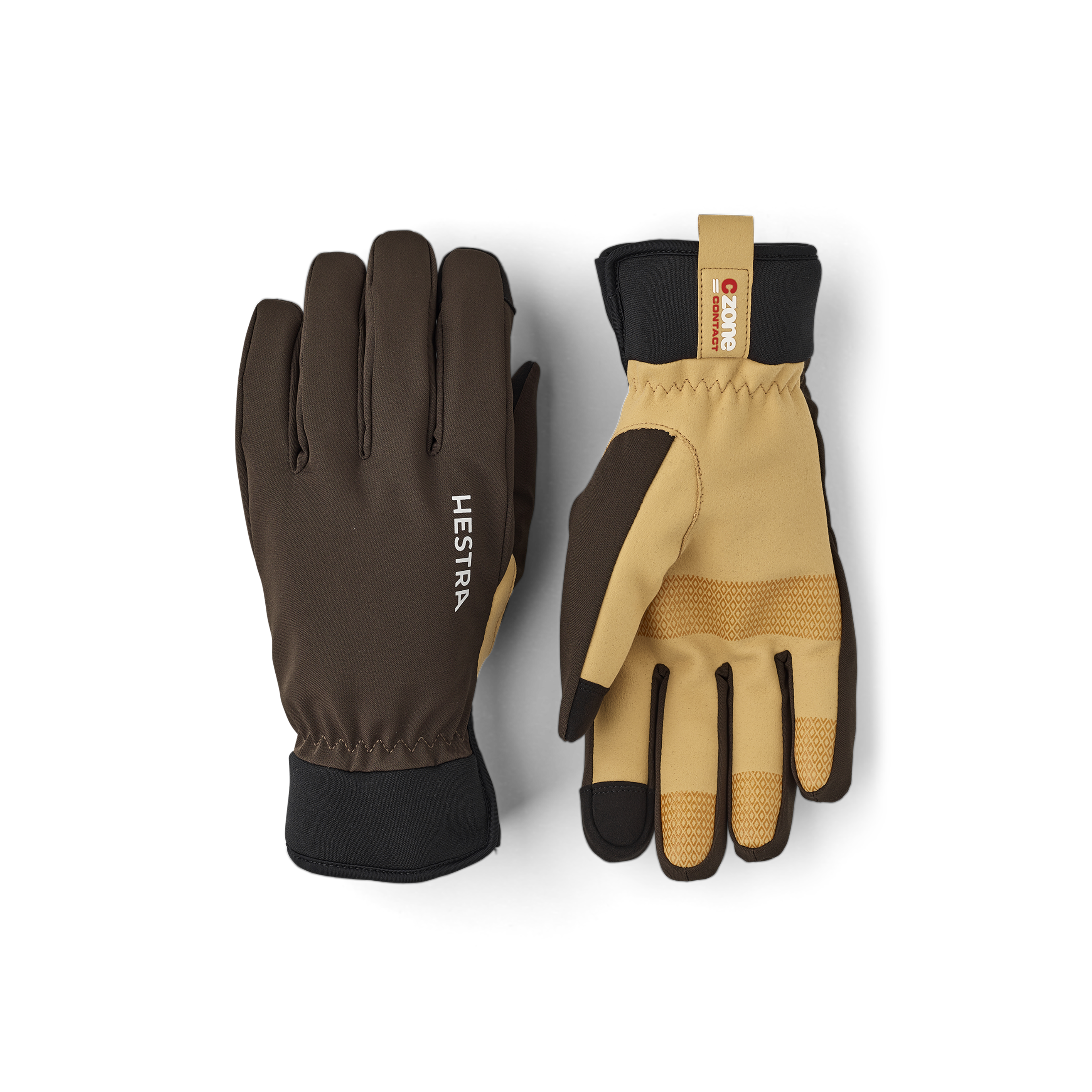 Dark green fabric outdoor glove with light brown synthetic suede palm