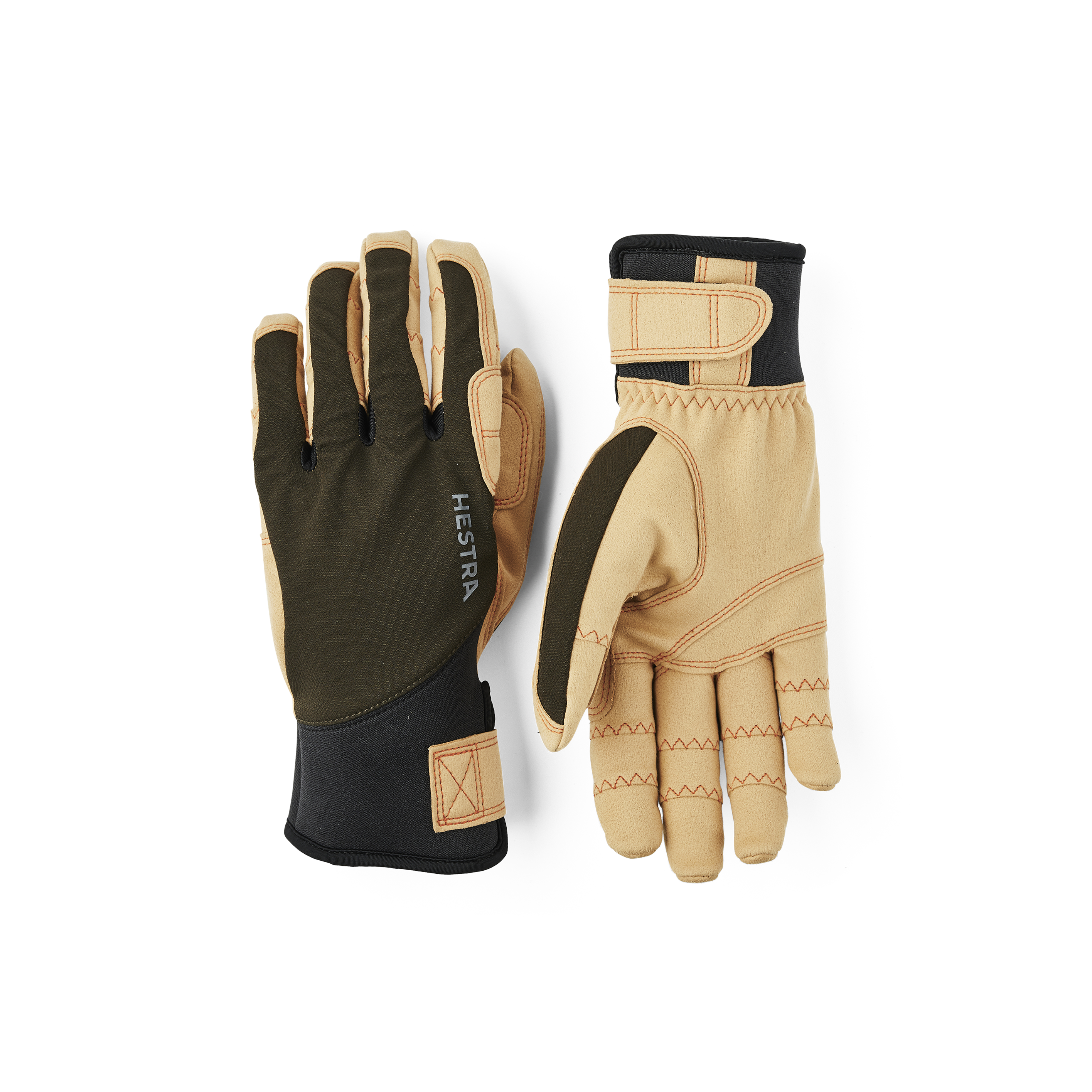 Dark green fabric outdoor glove with light brown synthetic suede palm and wrist adjustment