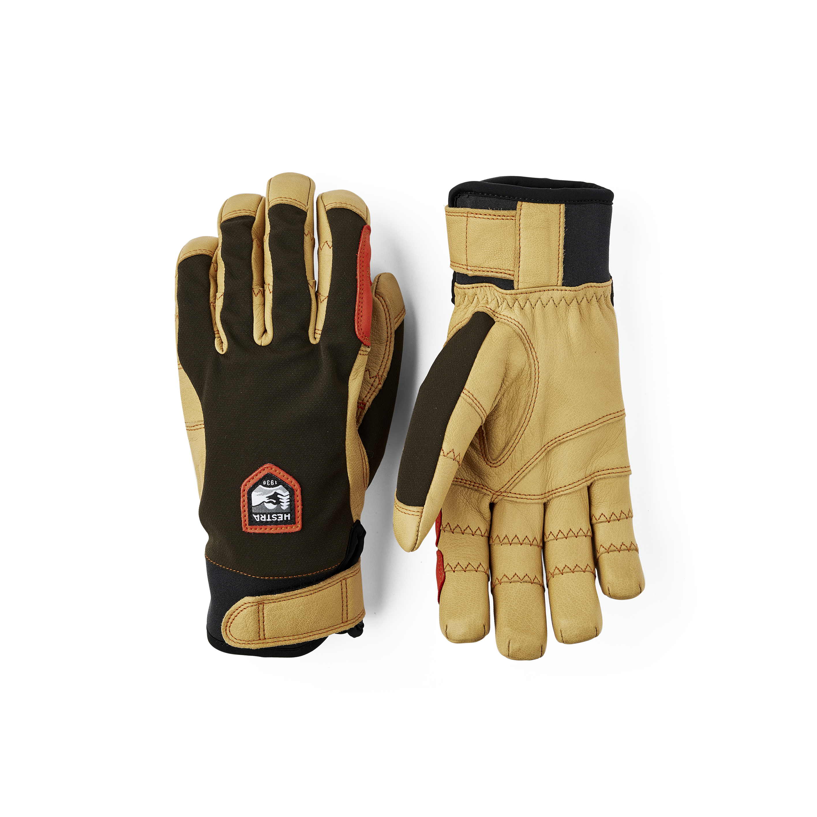 Dark green outdoor glove with light brown goat leather palm