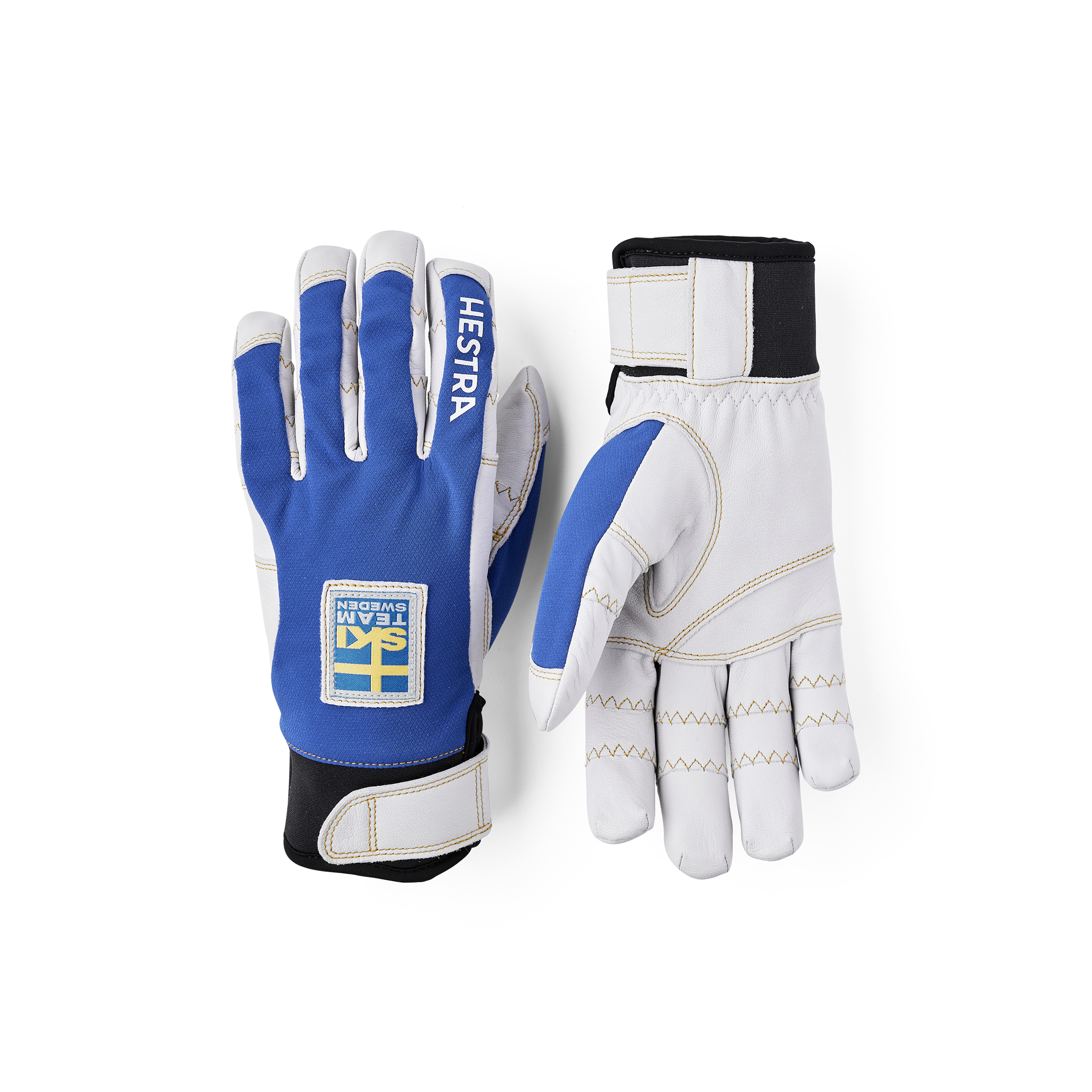 Blue outdoor glove with white goat leather palm