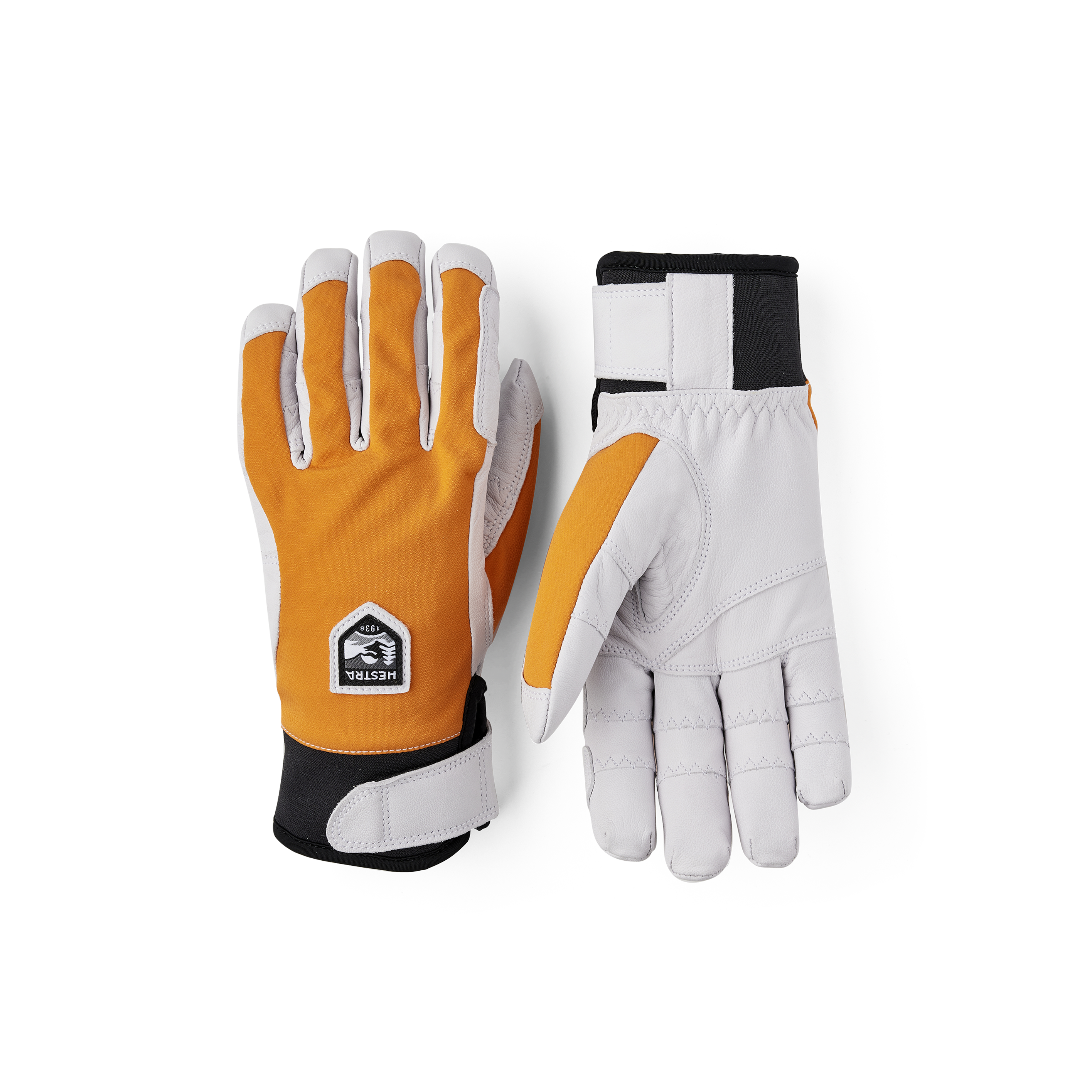 Orange outdoor glove with white goat leather palm