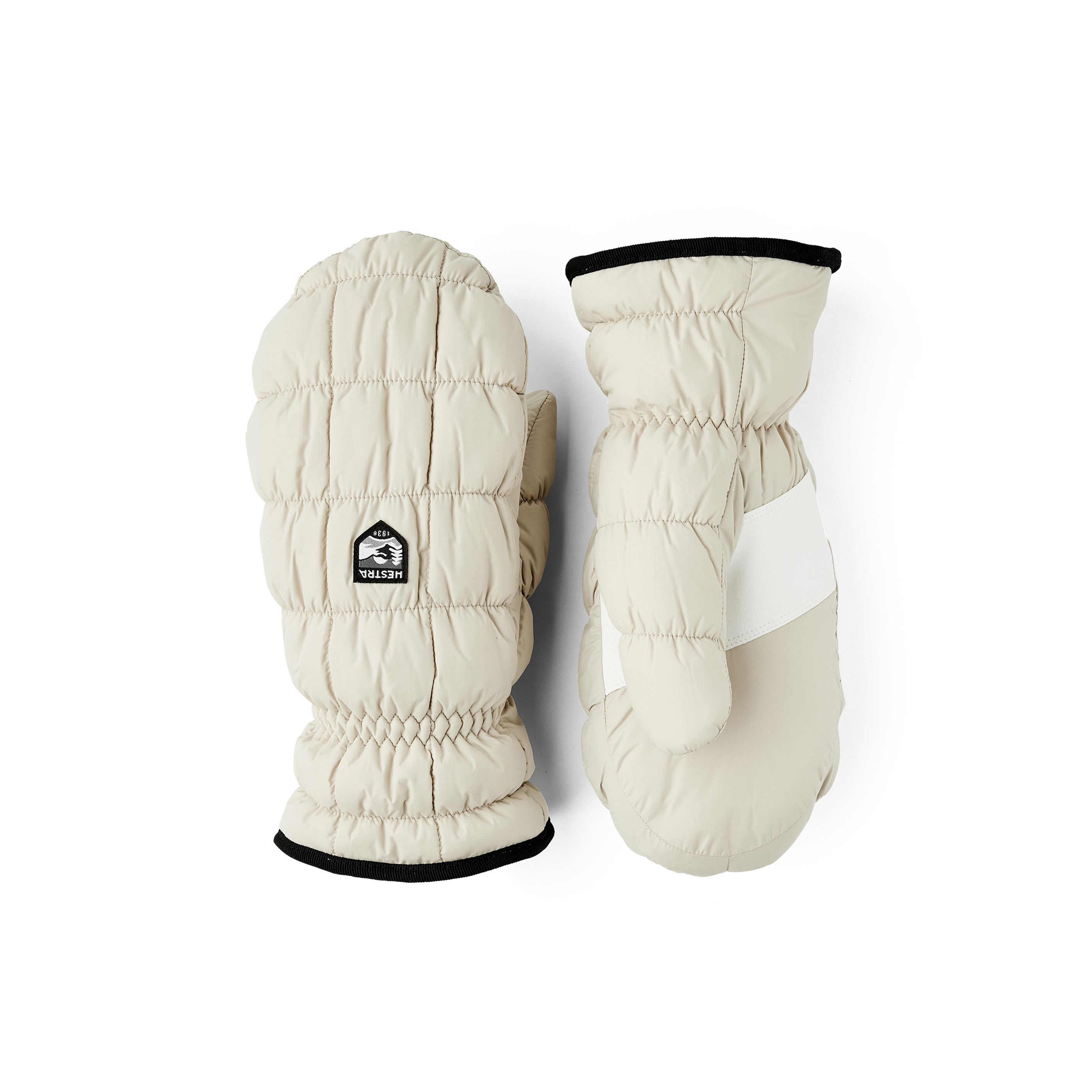 Beige fabric mitten with white synthetic suede palm