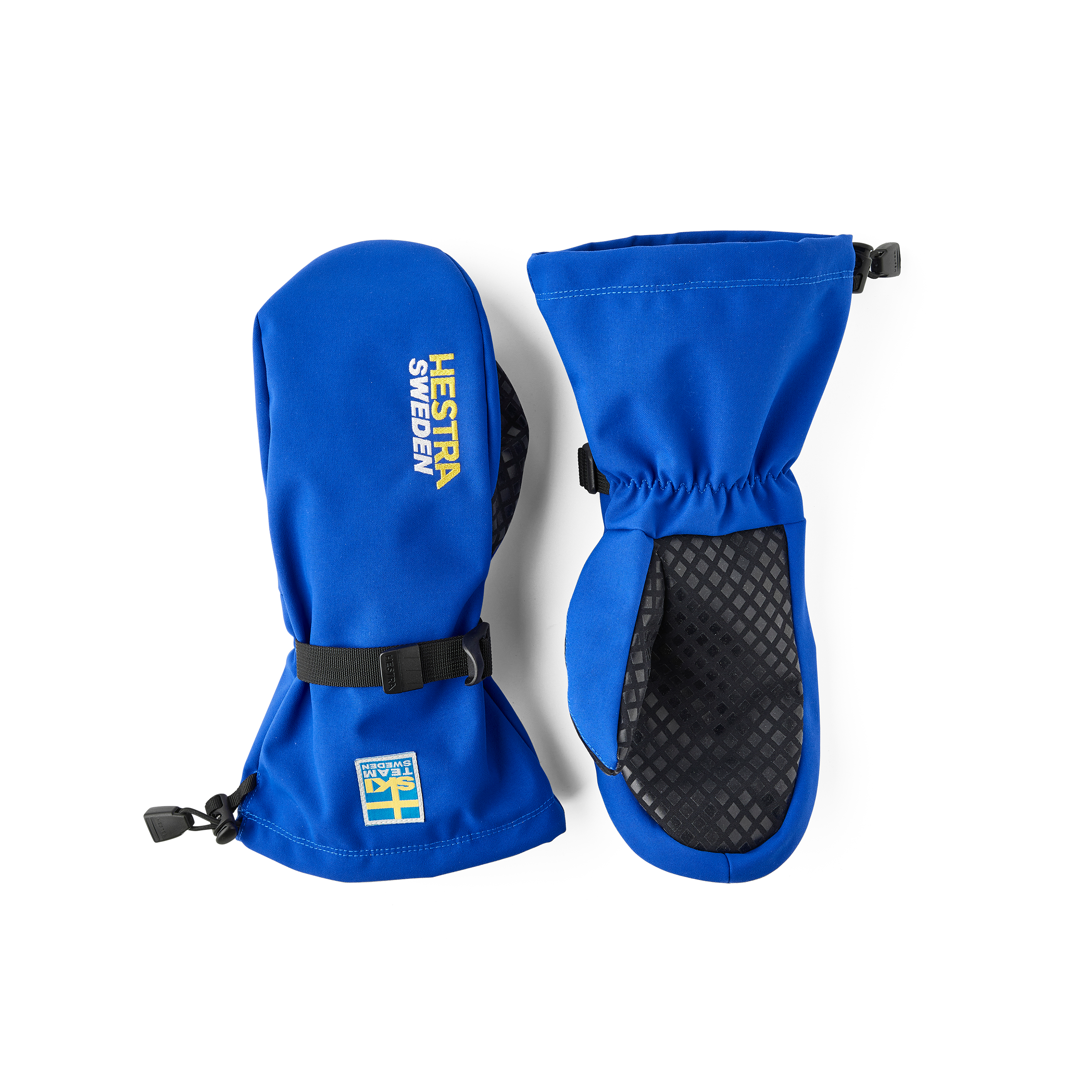 Blue shell glove with black fabric palm and wrist adjustment