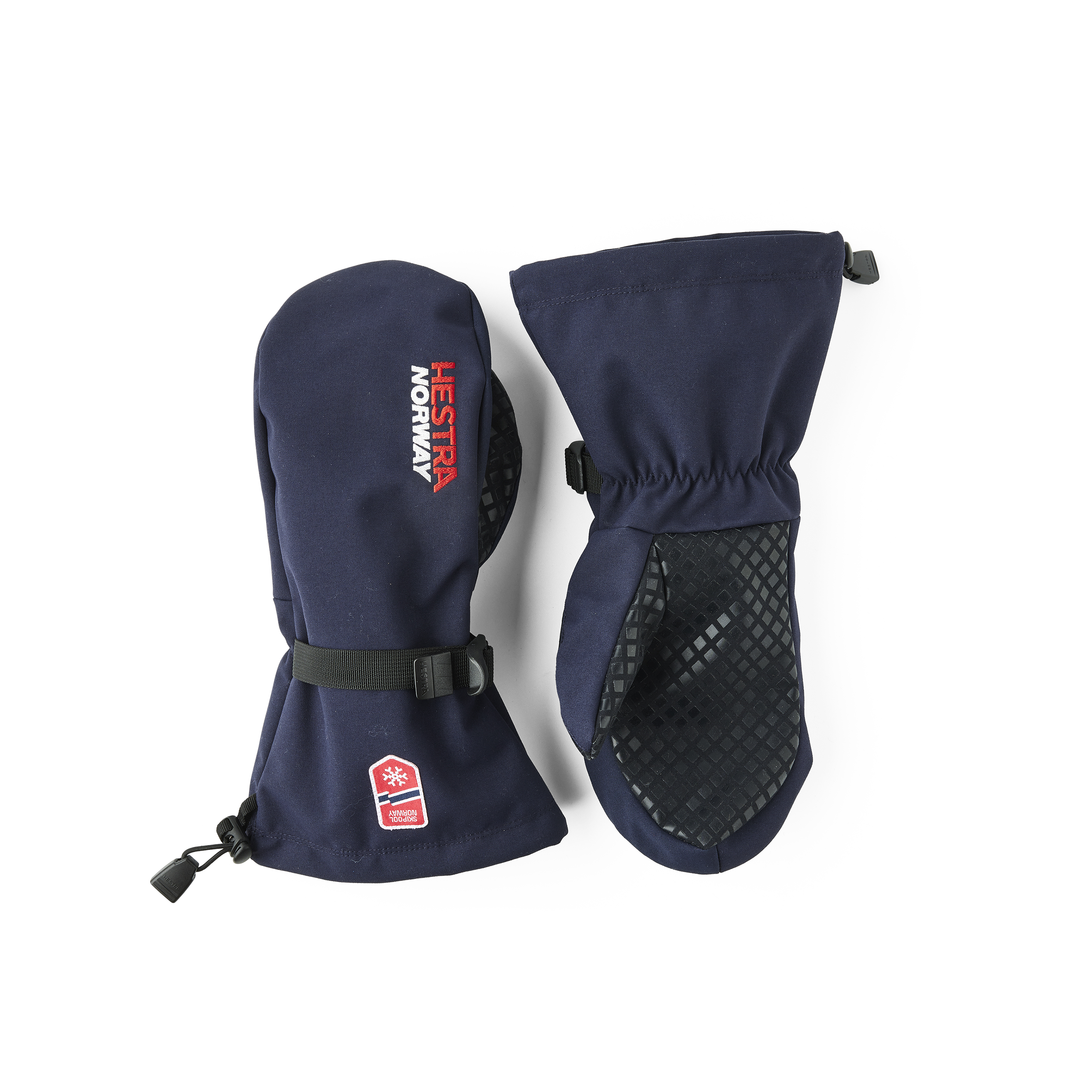 Dark blue shell glove with black fabric palm and wrist adjustment